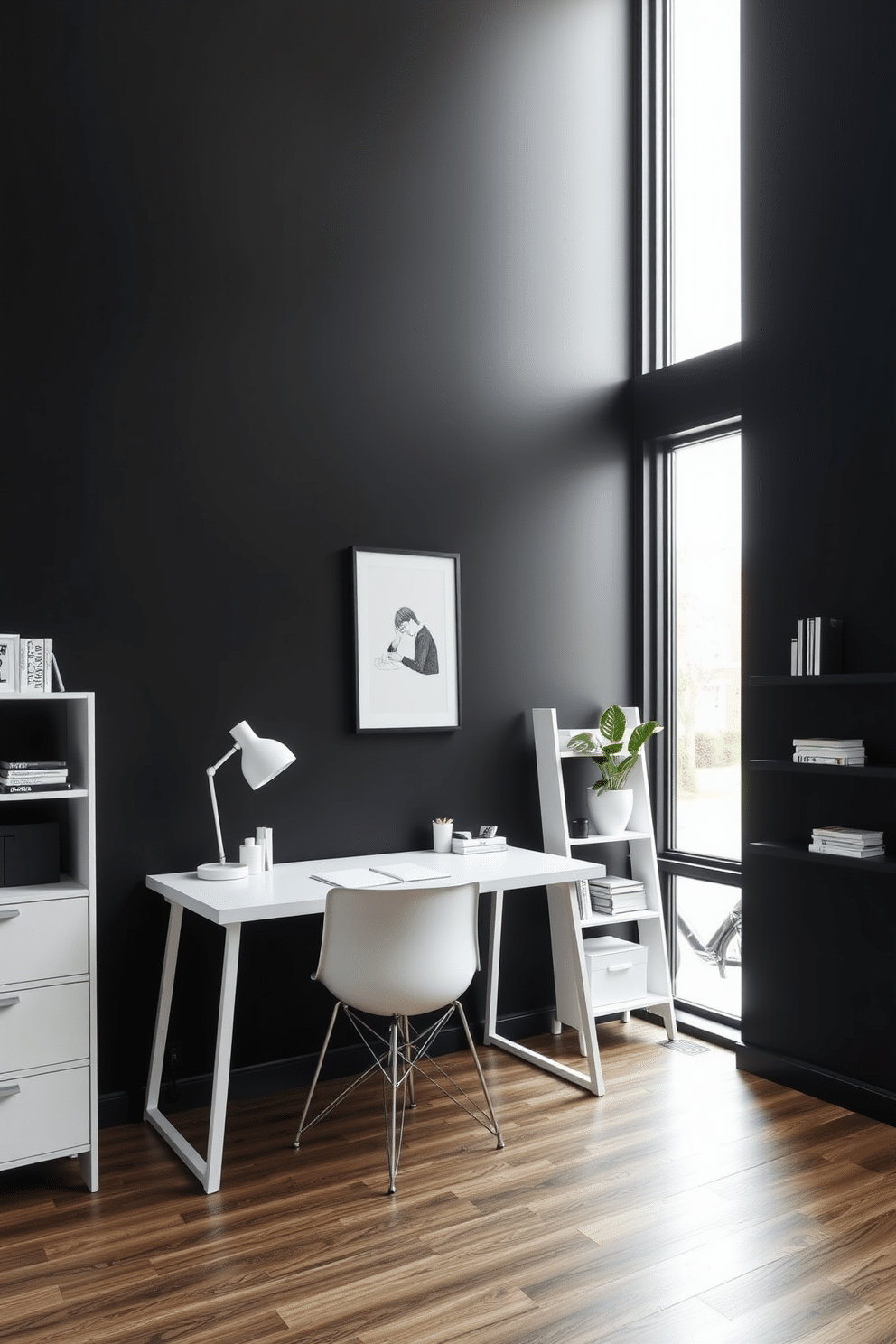 A striking home office features sleek black walls that create a bold backdrop for minimalist white decor. A simple white desk is positioned against the wall, complemented by a modern white chair and a few carefully curated decorative items. Natural light floods the space through a large window, highlighting the contrast between the dark walls and the bright furnishings. A minimalist bookshelf stands in the corner, showcasing a selection of monochromatic accessories and a potted plant for a touch of greenery.