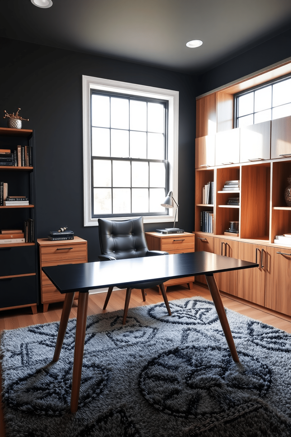 A stylish home office featuring a blend of black and wood elements for a warm ambiance. The desk is a sleek black with wooden legs, complemented by a comfortable leather chair that adds a touch of elegance. The walls are painted in a deep charcoal color, creating a cozy atmosphere, while wooden shelving units display books and decorative items. A large window allows natural light to flood the space, highlighting a plush area rug that adds texture and warmth to the room.