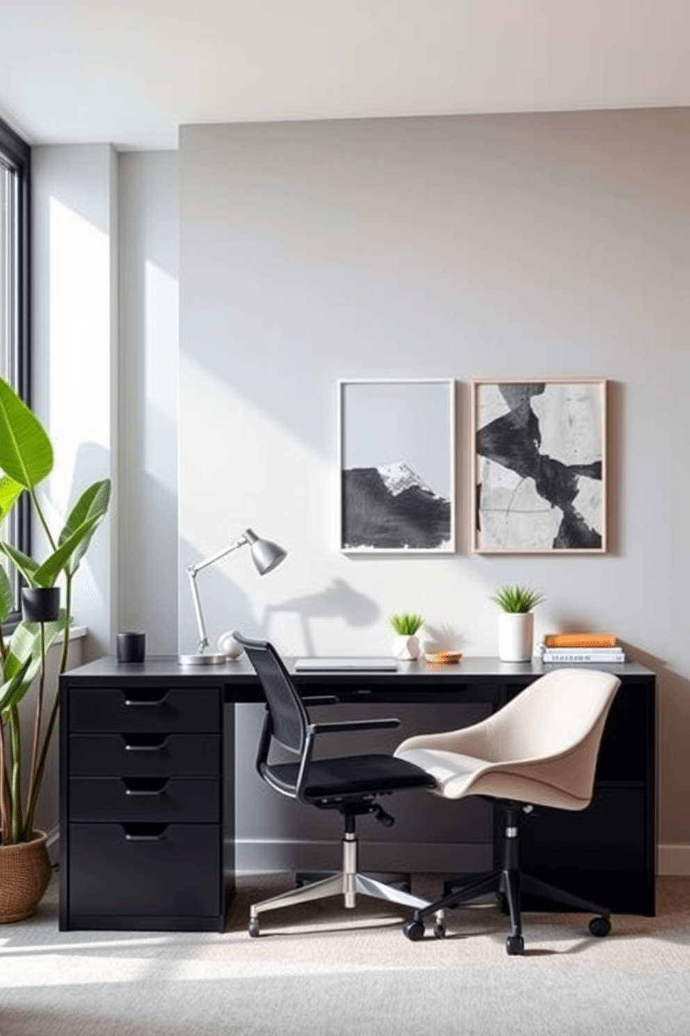 A modern black desk with integrated storage features sleek lines and a minimalist design, positioned against a light gray wall. The desk is complemented by a comfortable ergonomic chair and a stylish desk lamp, creating an inviting workspace. In this home office design, a large window allows natural light to flood the room, enhancing the contemporary feel. Decorative elements like potted plants and abstract artwork add personality and warmth to the space.