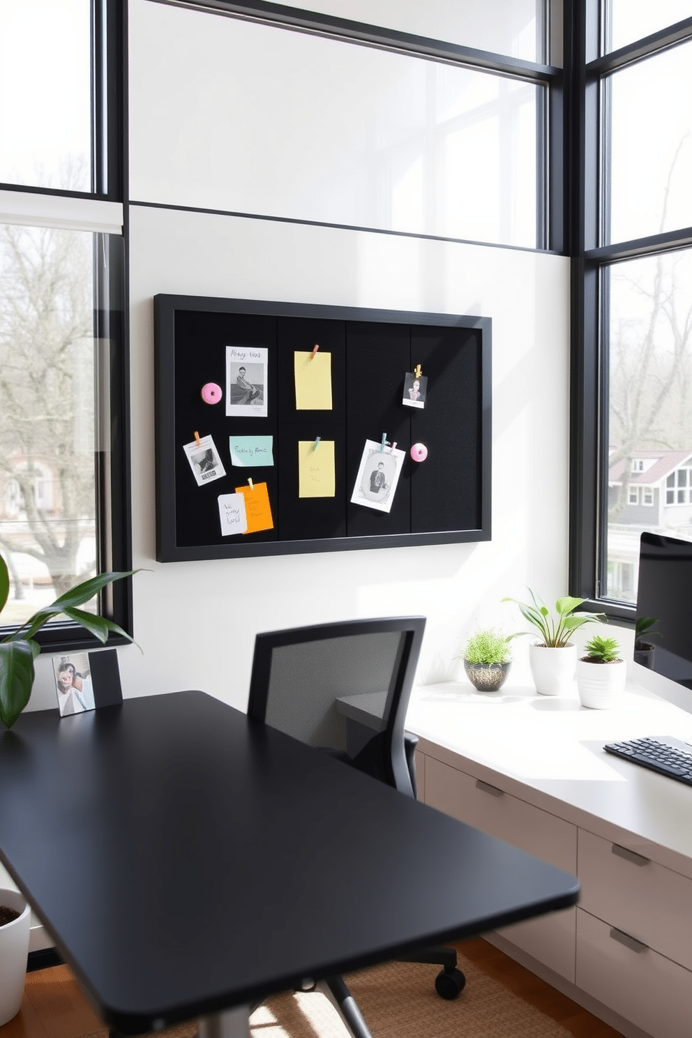 A stylish black bulletin board is mounted on the wall, framed in sleek black wood, providing a chic organizational solution. Colorful notes, reminders, and photos are pinned neatly, adding a pop of personality to the workspace. The home office features a modern black desk with clean lines, paired with a comfortable ergonomic chair. Large windows allow natural light to flood the room, highlighting the minimalist decor and a few potted plants that bring a touch of greenery.