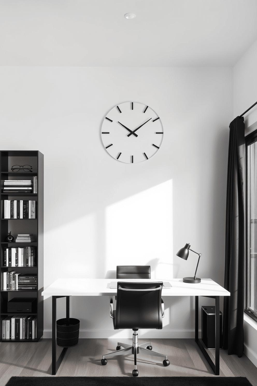 A minimalist black clock is mounted on a white wall, featuring clean lines and a simple design that enhances the room's functionality. Below the clock, a sleek black desk with a matching chair creates a cohesive and modern workspace. The home office is designed with a monochromatic palette, incorporating black accents through a stylish bookshelf and decorative elements. Large windows allow natural light to flood the space, highlighting the minimalistic approach and creating an inviting atmosphere.