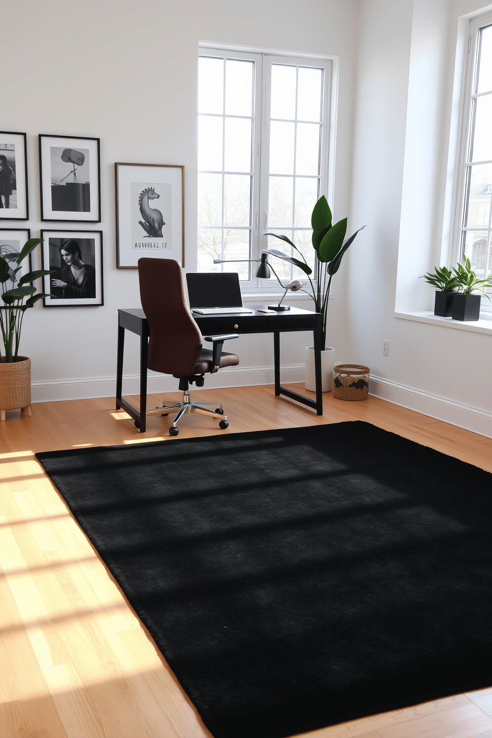 An elegant black area rug lies in the center of the room, providing a soft contrast against the light hardwood floor. Surrounding the rug, a sleek black desk with gold hardware is positioned against a wall adorned with framed art, creating a chic workspace. The home office features a stylish ergonomic chair upholstered in rich fabric, complementing the modern aesthetic. Natural light floods the space through large windows, highlighting the minimalist decor and a few strategically placed potted plants.