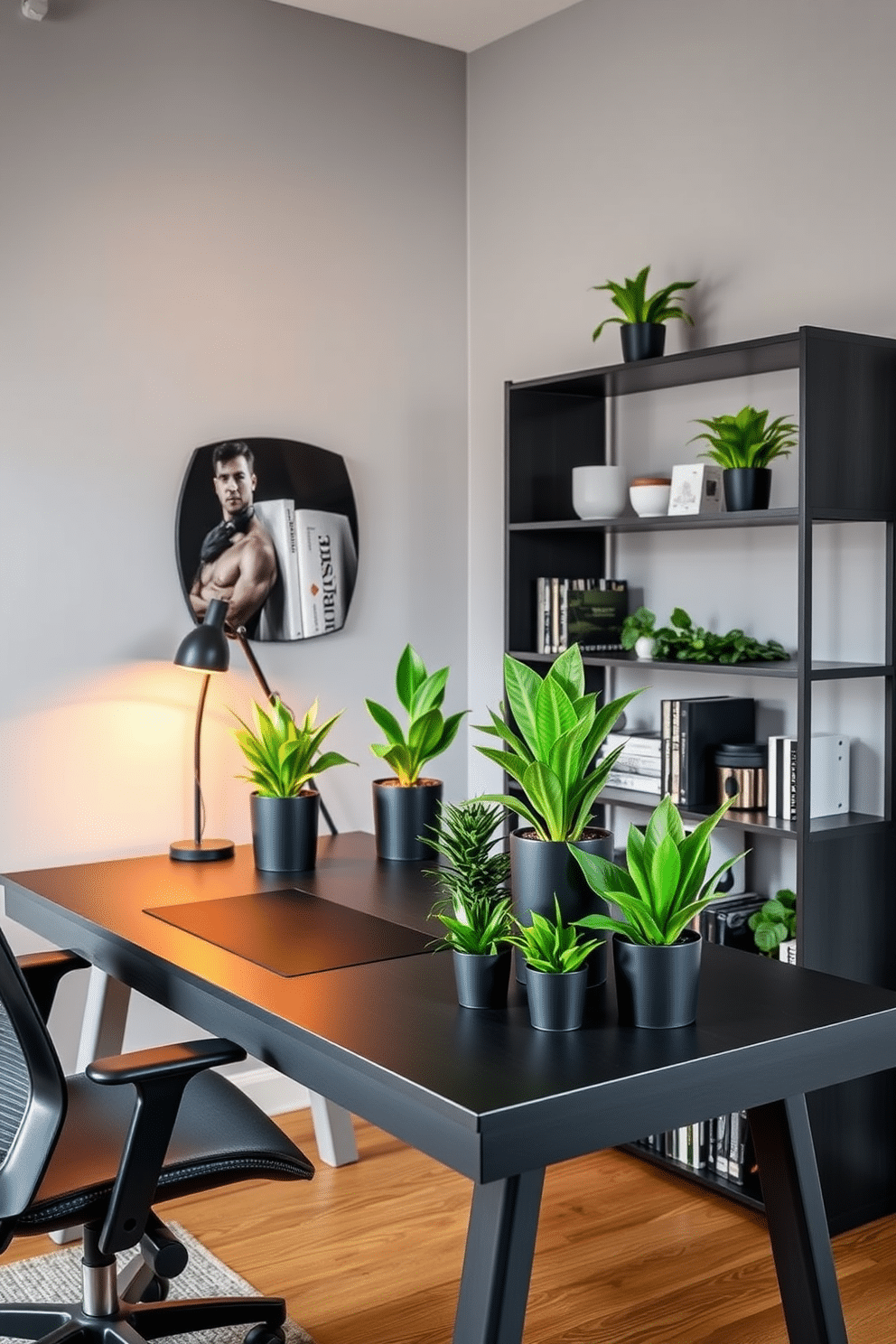 A modern home office featuring sleek black planter pots filled with lush greenery accents. The desk is a minimalist design with a matte black finish, complemented by an ergonomic chair and warm ambient lighting. The walls are painted in a soft gray, creating a calming backdrop for the vibrant plants. A stylish bookshelf in the corner holds both decorative items and books, enhancing the overall aesthetic of the space.