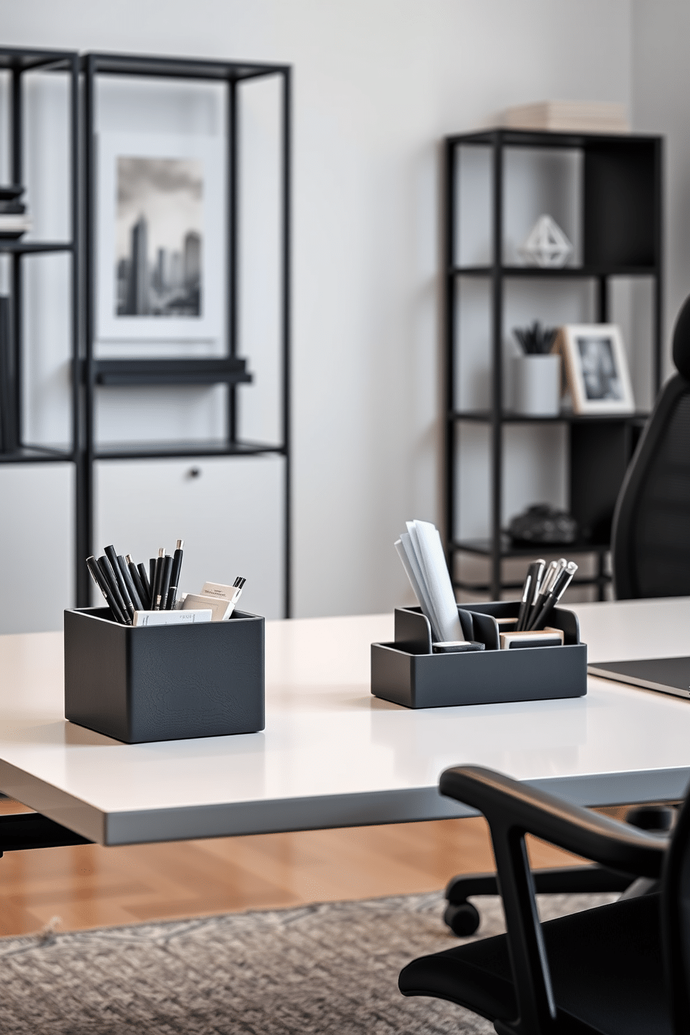 A chic black desk organizer sits elegantly on a sleek, minimalist desk, featuring compartments for pens, papers, and office supplies. The organizer's matte finish complements the modern aesthetic of the workspace, enhancing its clutter-free appeal. Surrounding the desk, the home office is designed with black accents, including a stylish black ergonomic chair and geometric shelving units. Soft, ambient lighting highlights the contemporary decor, creating an inviting atmosphere for productivity.