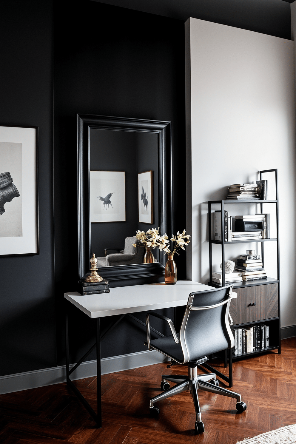 A sleek home office setting features a black framed mirror that reflects natural light, creating an inviting and spacious atmosphere. The desk is minimalist with clean lines, paired with an ergonomic chair, while the walls are adorned with subtle artwork in muted tones. The color palette combines deep blacks and warm wood accents, enhancing the modern aesthetic. A stylish bookshelf filled with curated books and decorative objects completes the look, making the space both functional and visually appealing.