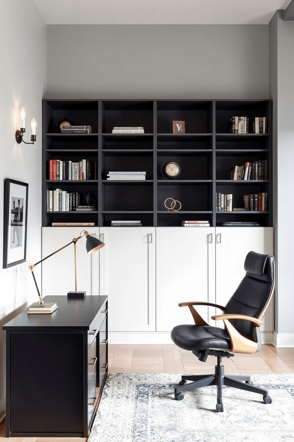 A modern home office featuring black and brass wall sconces that provide warm ambient lighting. The desk is sleek and minimalist, with a black finish and brass accents, complemented by an ergonomic chair in deep leather. The walls are painted in a soft gray, creating a calming backdrop for a creative workspace. A large bookshelf filled with books and decorative items adds character, while a stylish area rug anchors the space.