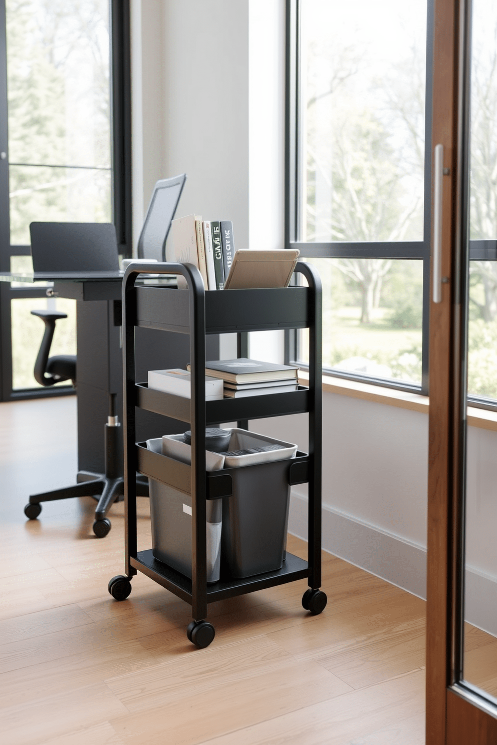 A functional black rolling cart for supplies sits neatly in a modern home office, featuring multiple shelves for organization. The cart is crafted from metal with sleek lines and includes wheels for easy mobility, allowing for versatile use throughout the space. The home office is designed with a minimalist aesthetic, showcasing a black desk paired with an ergonomic chair. Natural light floods the room through large windows, highlighting the contrast of dark furnishings against light wood accents and a calming neutral color palette.