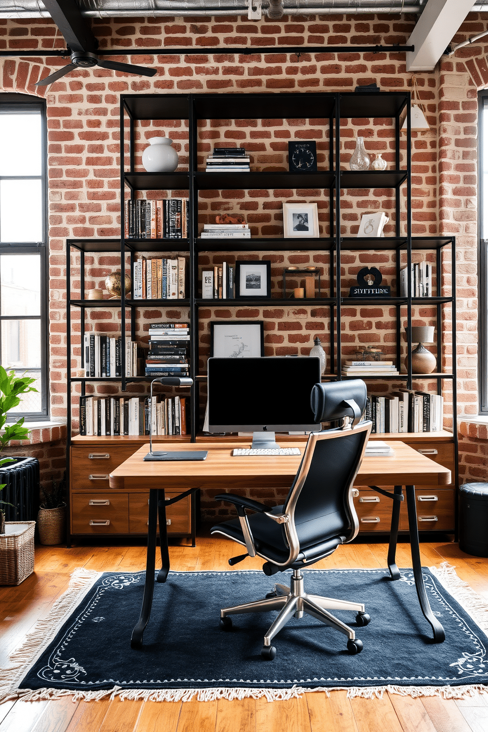 A sleek home office featuring industrial-style shelving with black finishes, showcasing a mix of books and decorative items. The workspace includes a large wooden desk paired with a comfortable ergonomic chair, set against a backdrop of exposed brick walls. Natural light floods the room through large windows, enhancing the warm tones of the wooden elements. A stylish rug lies beneath the desk, adding texture and warmth to the overall design.