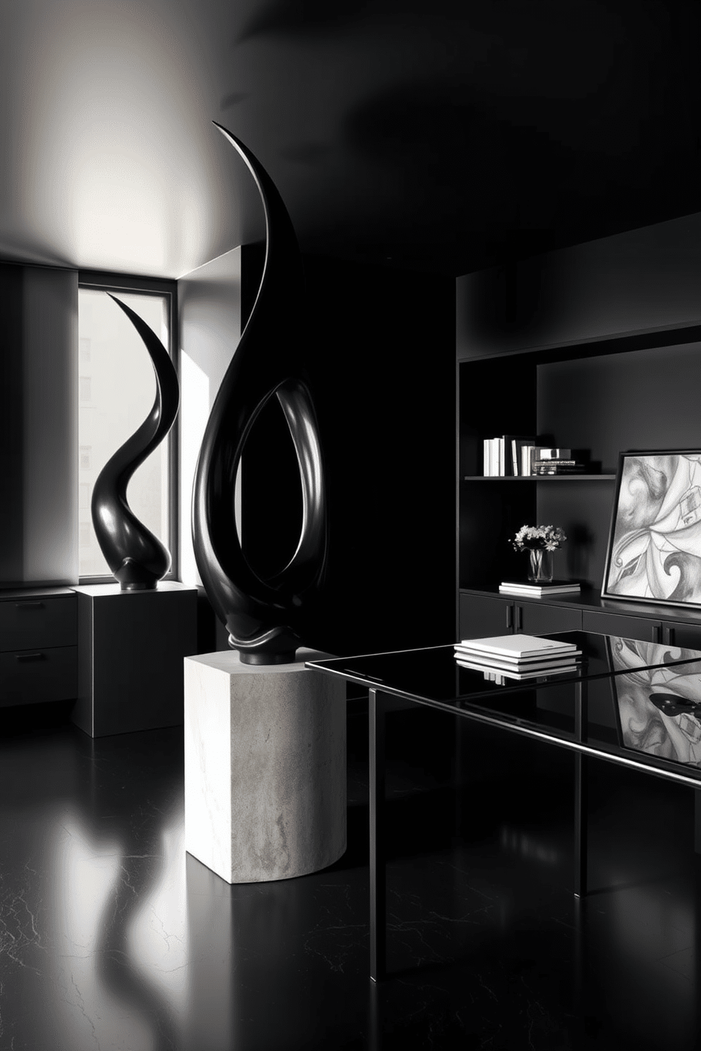 Artistic black sculpture as focal point. The room features a sleek, minimalist design with a large black sculpture positioned prominently on a polished concrete pedestal. Black home office design ideas. The workspace is defined by deep black walls, complemented by a modern desk with a glass top and black metal legs, creating an elegant yet functional atmosphere.