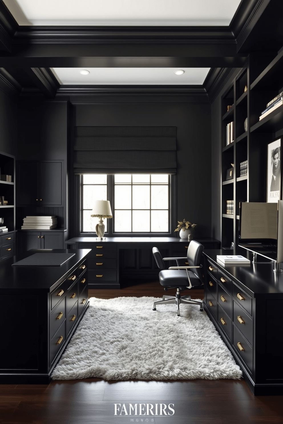 A sleek black home office features dark wood furniture with gold fixtures, including a large executive desk and a stylish bookshelf. The walls are painted a deep charcoal, and a plush area rug adds warmth to the space, creating an inviting atmosphere for productivity.