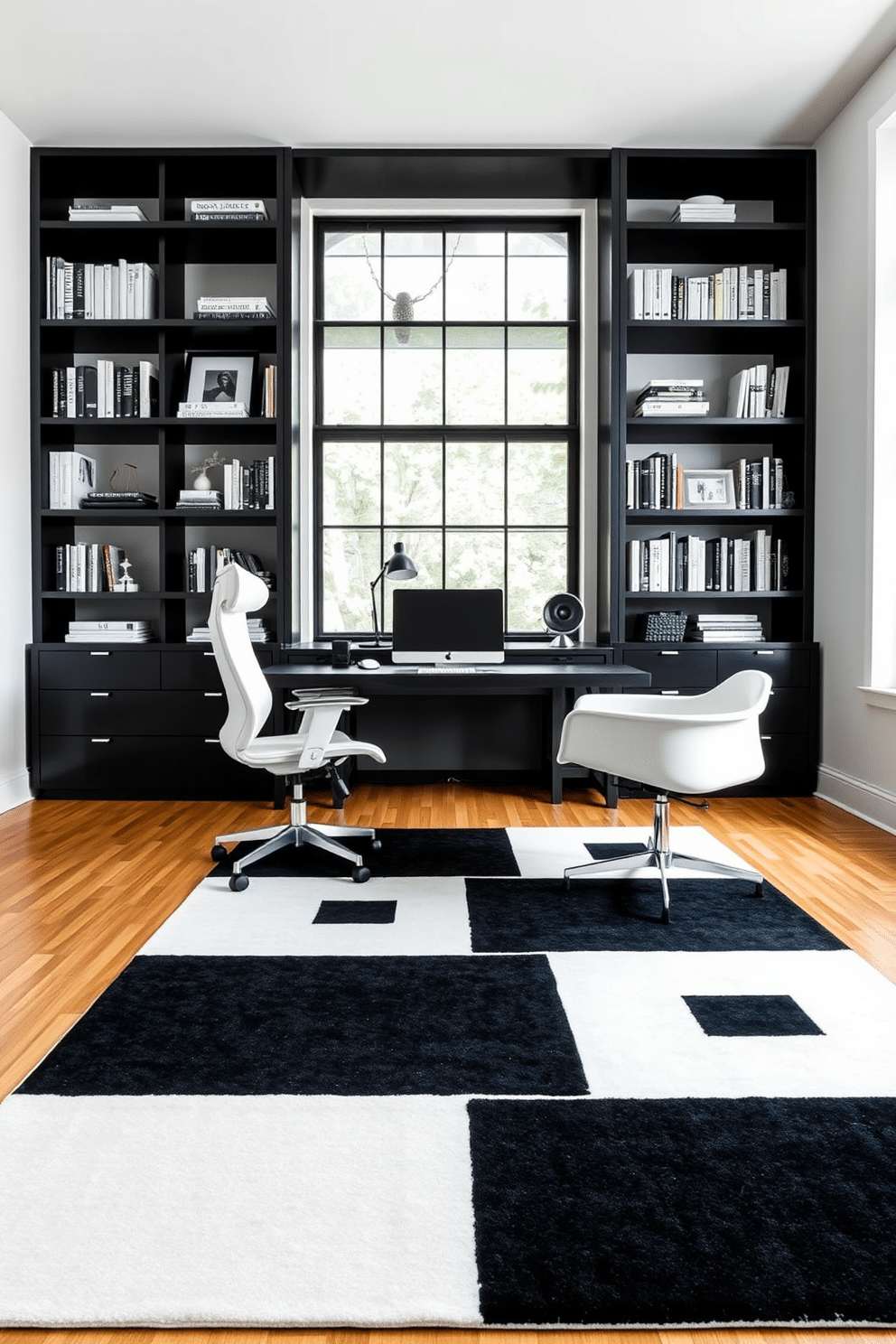 A modern black and white geometric rug lies centrally in a sleek home office, creating a striking visual contrast against the polished hardwood floor. The rug features bold patterns that enhance the room's contemporary aesthetic, grounding the space with a stylish focal point. The home office is designed with a minimalist approach, showcasing a large black desk paired with an ergonomic white chair. Floor-to-ceiling shelves display an array of books and decorative items, while a large window allows natural light to flood the room, accentuating the clean lines and monochromatic theme.