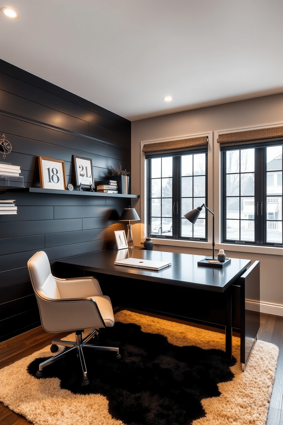 A striking home office features an accent wall adorned with sleek black shiplap panels, creating a bold focal point. The room is furnished with a modern desk and ergonomic chair, complemented by warm lighting that enhances the sophisticated atmosphere. Incorporating stylish shelves and decorative accents, this black-themed office exudes elegance and functionality. A plush area rug underfoot adds texture, while large windows provide natural light, making the space inviting and productive.