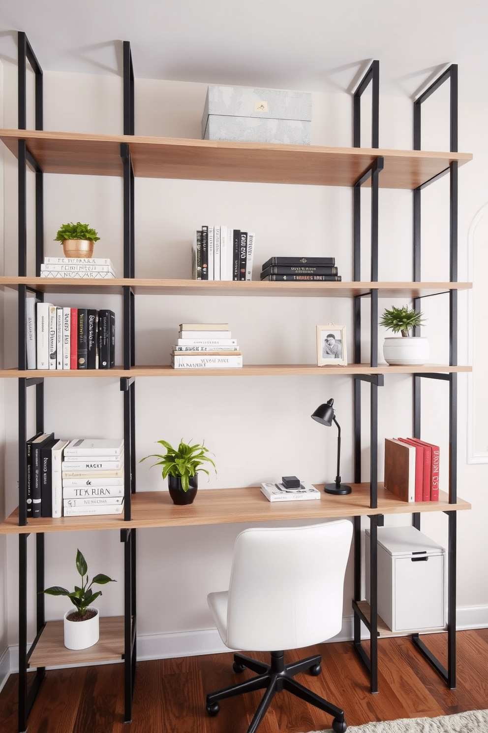 A stylish home office featuring open shelving supported by sleek black metal brackets creates a modern and functional workspace. The shelves are filled with neatly organized books, decorative boxes, and a few potted plants, adding a touch of greenery to the room's contemporary aesthetic.