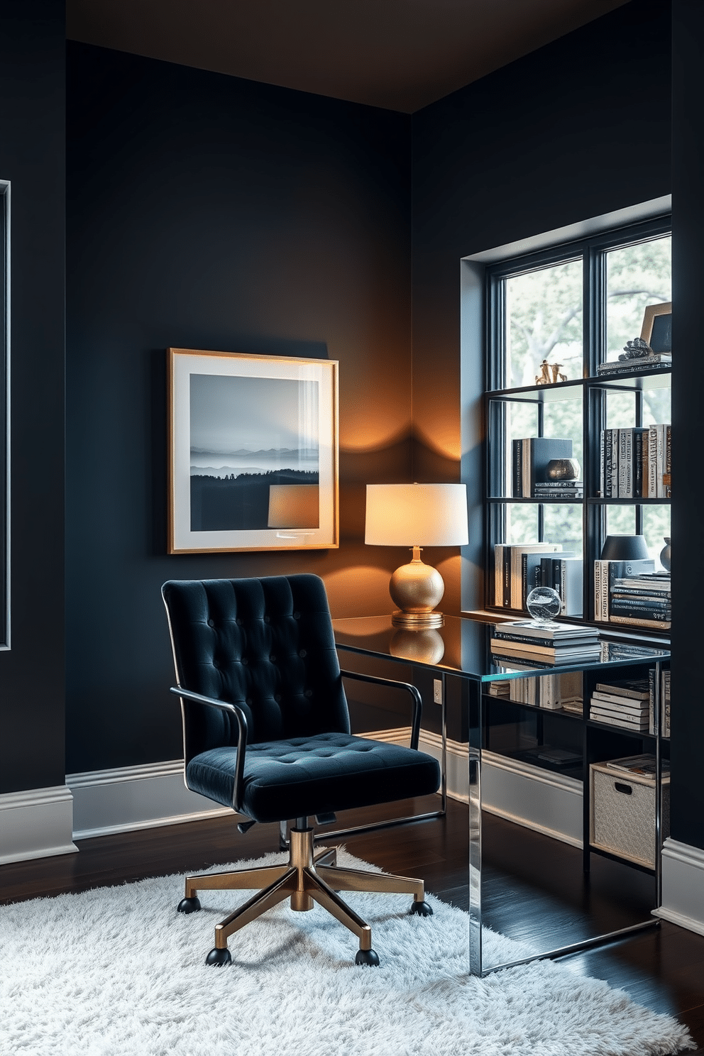 A luxe velvet black office chair sits elegantly at a sleek glass desk, complemented by a stylish brass lamp that casts a warm glow. The walls are painted in a deep charcoal hue, creating a sophisticated backdrop for minimalist artwork and a plush area rug that adds a touch of comfort. In the corner, a tall bookshelf filled with curated books and decorative objects enhances the modern aesthetic. Large windows allow natural light to flood the space, highlighting the rich textures and creating an inviting atmosphere for productivity.