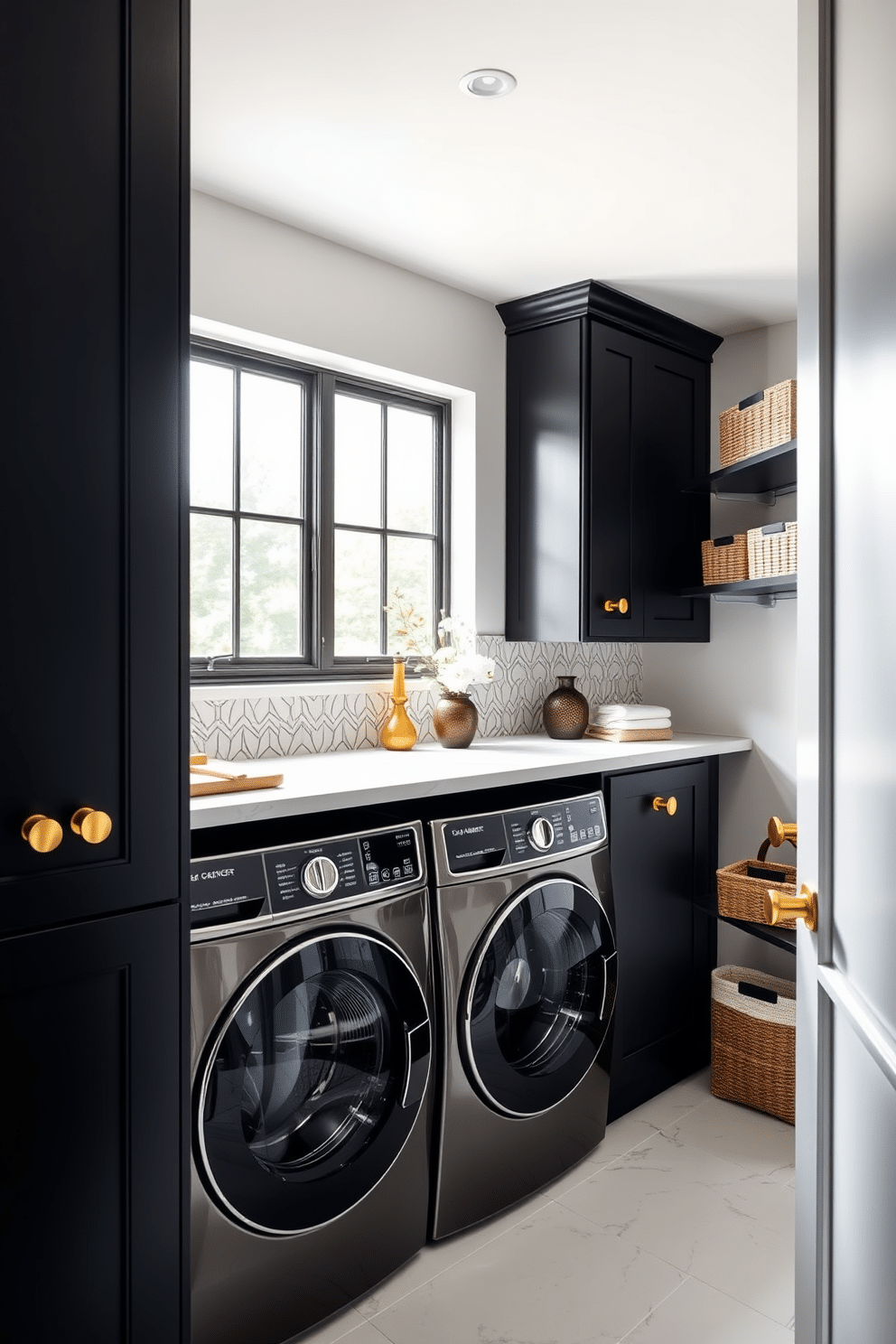 Sleek black cabinets with gold hardware create a striking contrast against the bright white walls of the laundry room. The space features a modern washer and dryer seamlessly integrated into the cabinetry, with a chic countertop above for folding clothes. A stylish backsplash in a geometric pattern adds visual interest, while a large window allows natural light to flood the room. Decorative baskets and organized shelves provide both functionality and a touch of elegance, enhancing the overall sophisticated design.