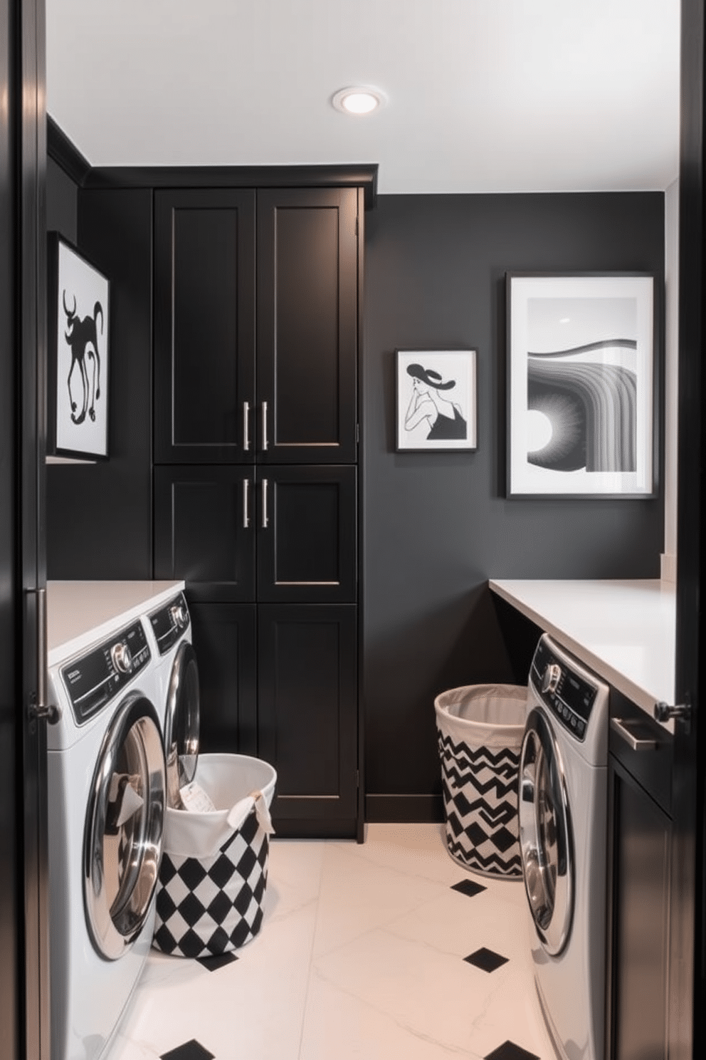 A sleek black laundry room features monochrome art pieces elegantly displayed on the walls, adding a touch of sophistication to the space. The cabinetry is matte black with minimalist hardware, while the countertops are a crisp white, providing a striking contrast. The floor is adorned with large black and white tiles that enhance the modern aesthetic. A stylish laundry basket in a coordinating monochrome pattern sits in the corner, completing the chic look of the room.