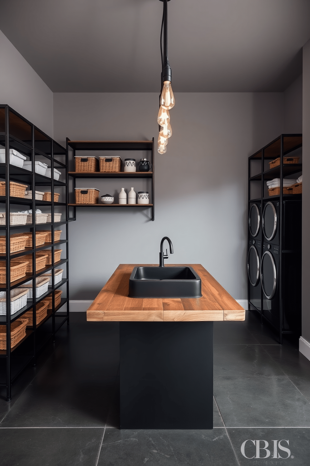 A sleek black metal shelving unit lines the wall of a modern laundry room, showcasing neatly organized baskets and decorative storage containers. The walls are painted in a soft gray, while the floor features dark, polished concrete for a contemporary industrial look. In the center of the room, a large black sink with a matte finish sits atop a reclaimed wood countertop, providing both functionality and aesthetic appeal. Accent lighting with exposed bulbs hangs from the ceiling, casting a warm glow over the space and highlighting the unique textures of the room.