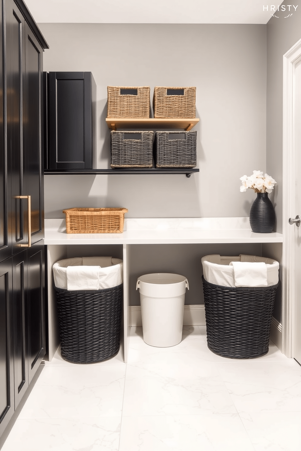 A modern laundry room featuring black woven laundry baskets that add texture and style. The walls are painted in a soft gray, complementing the sleek black cabinetry and white countertops.