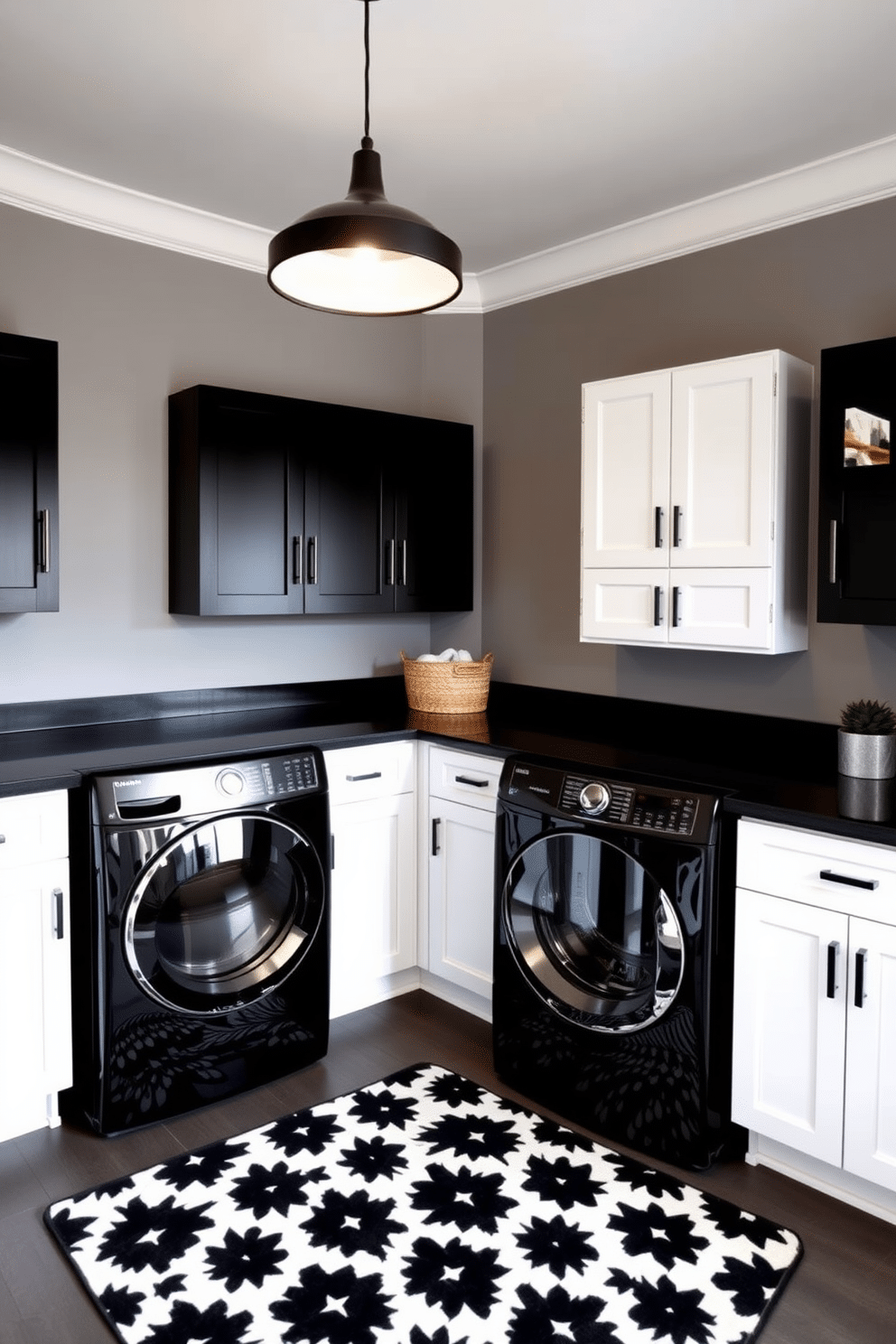 A chic black laundry room features sleek black pendant lighting fixtures that hang elegantly from the ceiling, providing a modern touch. The room is designed with a combination of white cabinetry and dark countertops, creating a striking contrast that enhances the overall aesthetic. The walls are painted in a soft gray, complementing the black accents throughout the space. A stylish black and white patterned rug lies beneath the washer and dryer, adding warmth and texture to the contemporary design.