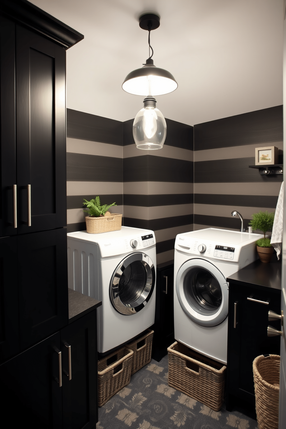 A stylish laundry room featuring black and gray striped wallpaper that adds depth and character to the space. The room includes sleek black cabinets with modern hardware, and a spacious countertop for folding clothes, complemented by a stainless steel sink. In the corner, a high-efficiency washer and dryer are neatly stacked, surrounded by decorative storage baskets. A chic pendant light hangs from the ceiling, illuminating the room with a warm glow, while a small potted plant adds a touch of greenery to the design.