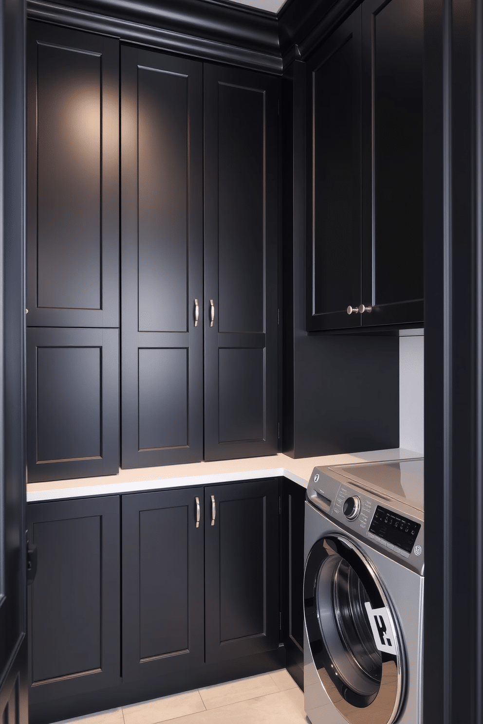 A sleek black laundry room features built-in cabinetry that seamlessly integrates into the space, providing ample storage for laundry essentials. The cabinetry is accented with minimalist hardware, enhancing the modern aesthetic of the room.