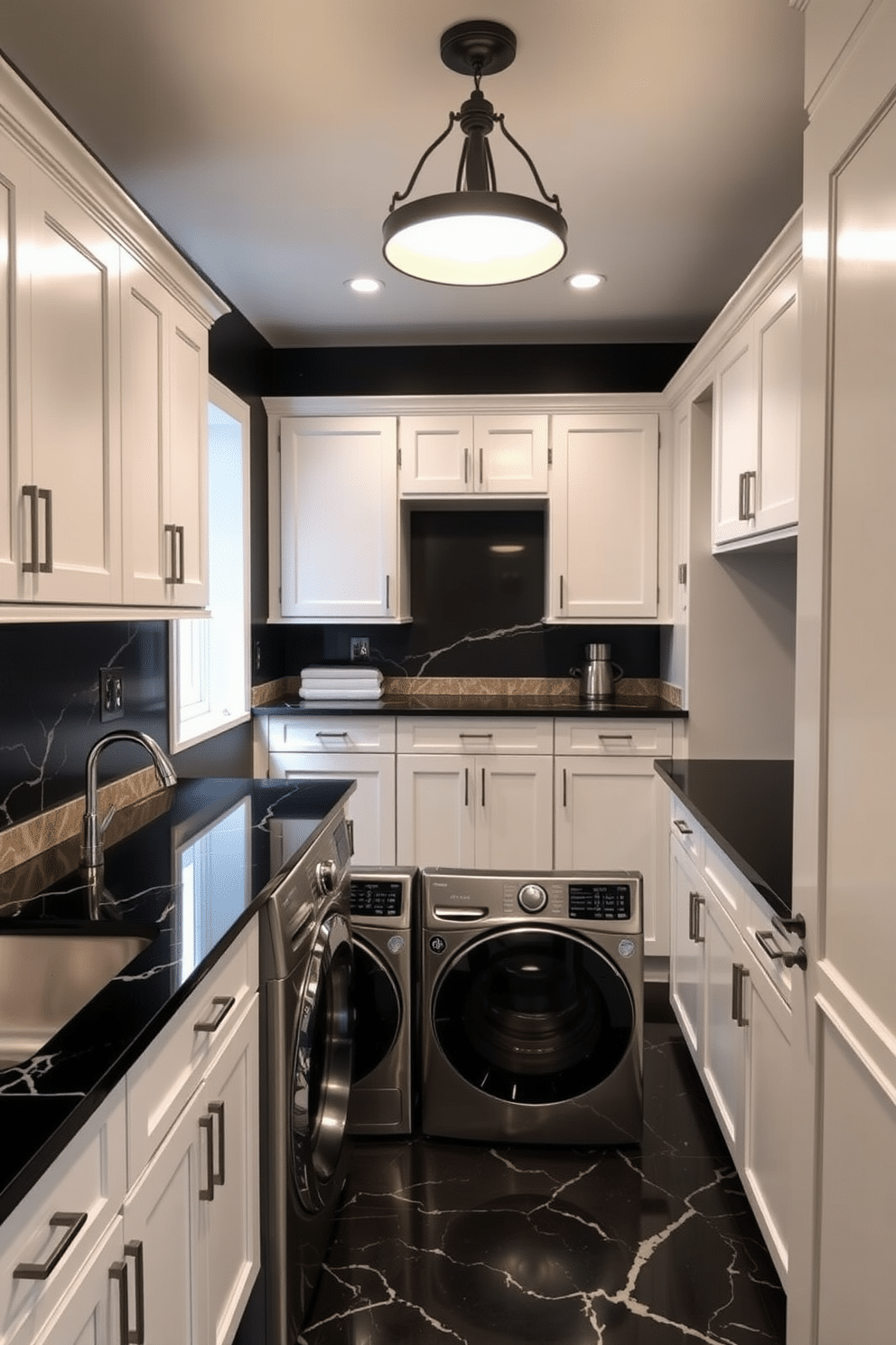 A sleek black laundry room features elegant black marble countertops that create a striking contrast against the crisp white cabinetry. The space is enhanced with modern appliances, and a stylish pendant light hangs from the ceiling, illuminating the room with a warm glow.