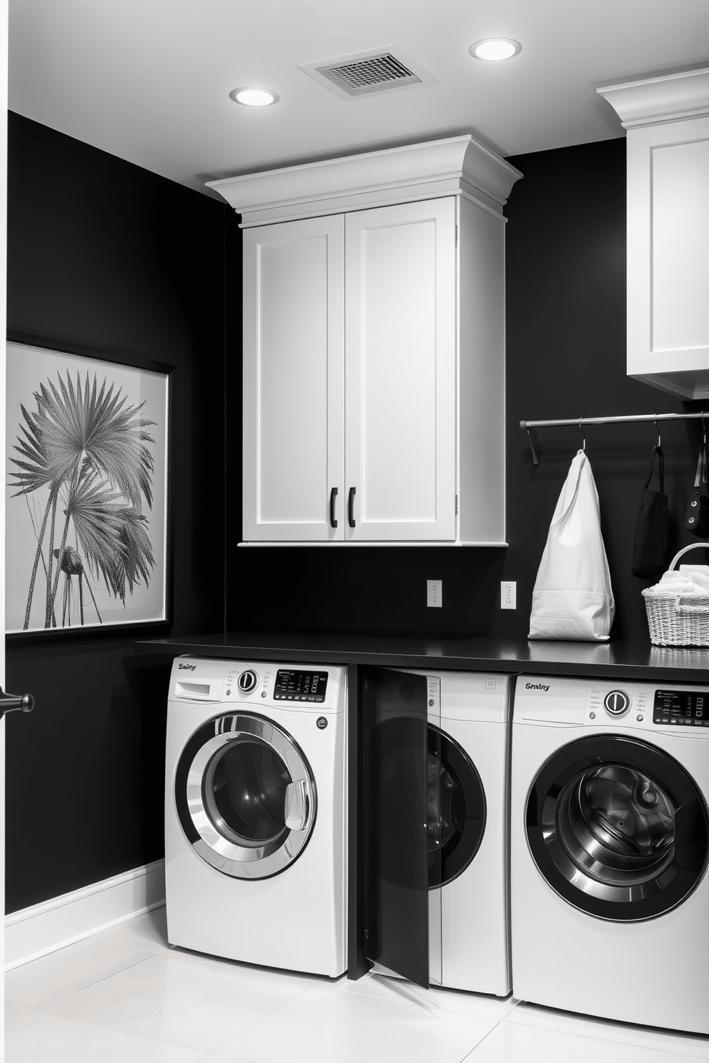 A striking black laundry room features crisp white appliances that create a bold contrast against the dark backdrop. Sleek cabinetry in a matte finish complements the modern aesthetic, while a stylish countertop provides ample workspace for sorting and folding laundry.