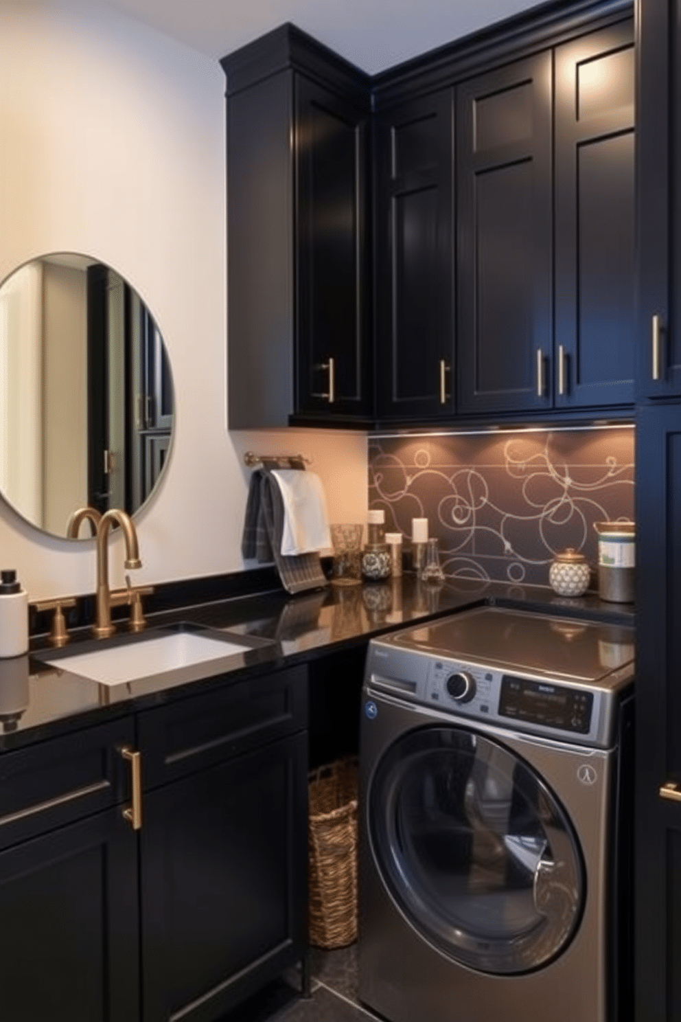 A stylish black laundry room features sleek cabinets adorned with elegant brass hardware, creating a striking contrast. The room is illuminated by warm lighting, highlighting the rich textures of the cabinetry and the functional layout. The countertops are a deep black, complemented by a chic backsplash that adds visual interest. A spacious sink sits adjacent to the washer and dryer, with decorative storage baskets neatly arranged below for organization.