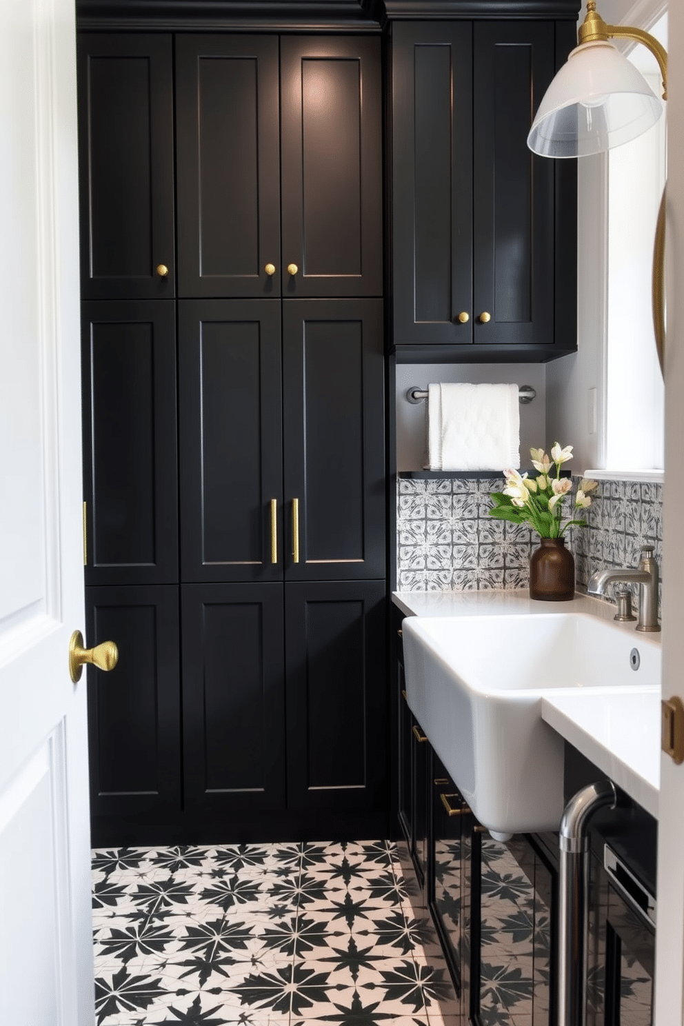 A stylish laundry room featuring black and white patterned tile flooring that adds a bold visual contrast. The space includes sleek black cabinetry with brass hardware, providing ample storage and a modern touch. Incorporate a large farmhouse sink with a brushed nickel faucet, complemented by a white countertop for a fresh look. Soft, ambient lighting illuminates the room, highlighting the intricate tile design and creating a welcoming atmosphere.