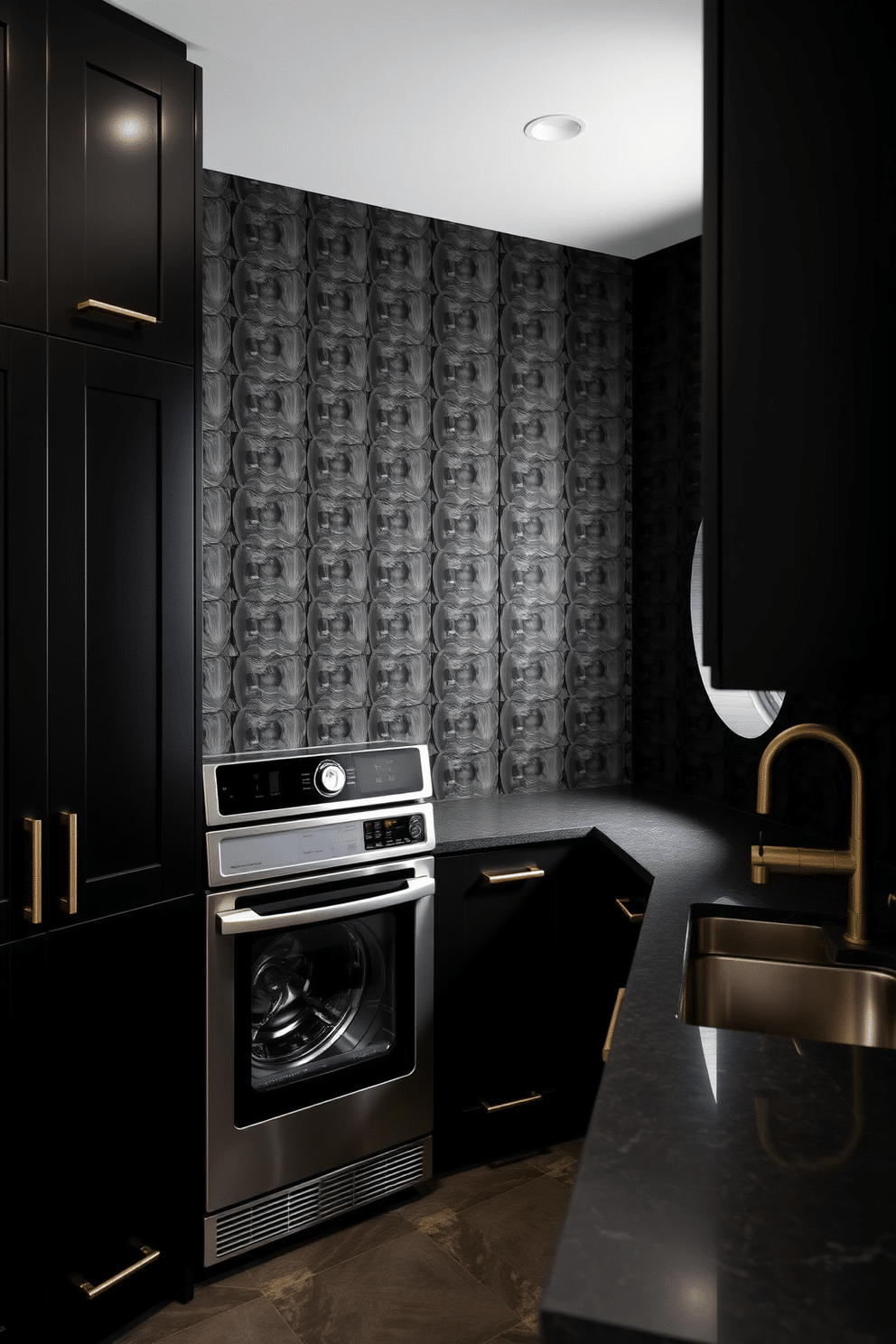 Textured black wall panels create a striking backdrop, adding depth and sophistication to the laundry room. The space features sleek, modern appliances seamlessly integrated into custom cabinetry, enhancing both functionality and style. Brushed gold hardware contrasts beautifully against the black panels, providing a touch of warmth and elegance. A large, functional sink is positioned beside a spacious countertop, perfect for folding and organizing laundry.