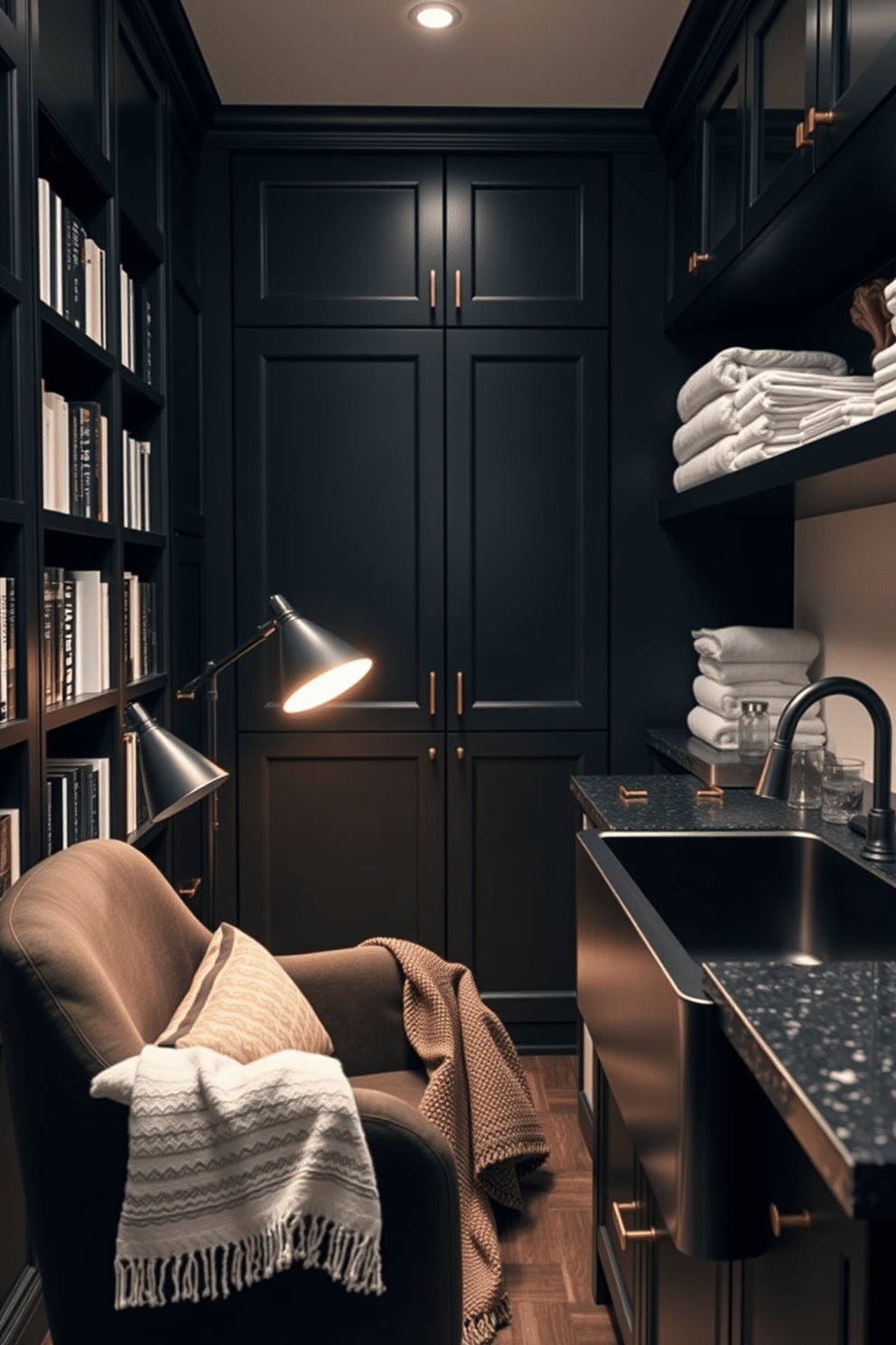 Cozy reading nook in black tones. A plush black armchair is positioned next to a sleek black bookshelf filled with an array of books. Soft, ambient lighting emanates from a modern floor lamp, casting a warm glow over a small side table adorned with a steaming cup of tea and a cozy blanket draped over the armchair. Black Laundry Room Design Ideas. The laundry room features black cabinetry with brass hardware, providing a striking contrast against the white walls. A large, black farmhouse sink is complemented by a stylish countertop, while open shelving displays neatly folded towels and laundry essentials.