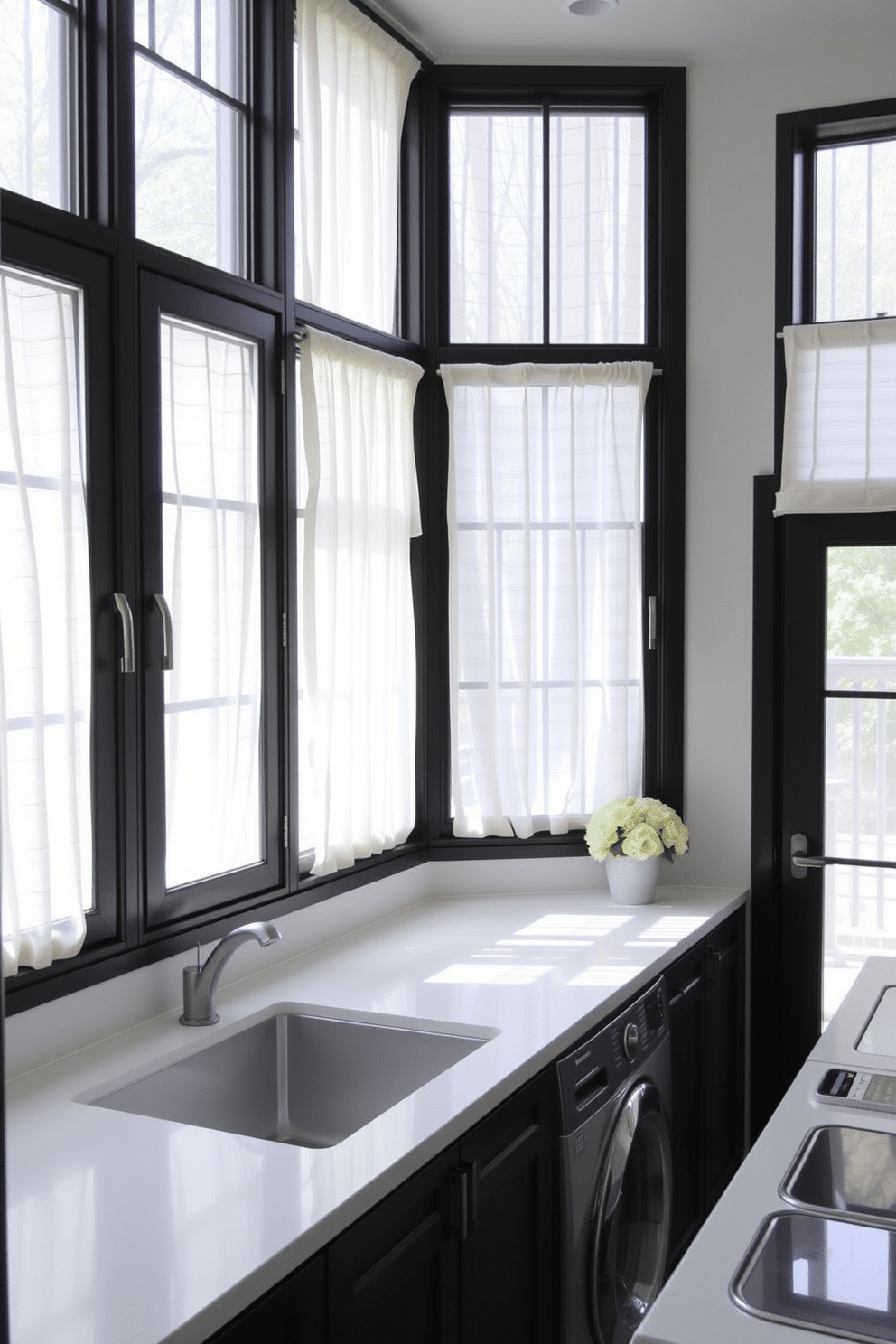 A modern laundry room featuring black window frames adorned with sheer white curtains, allowing soft natural light to filter through. The space includes sleek black cabinetry, a large white countertop for folding clothes, and a stylish washer and dryer set seamlessly integrated into the design.