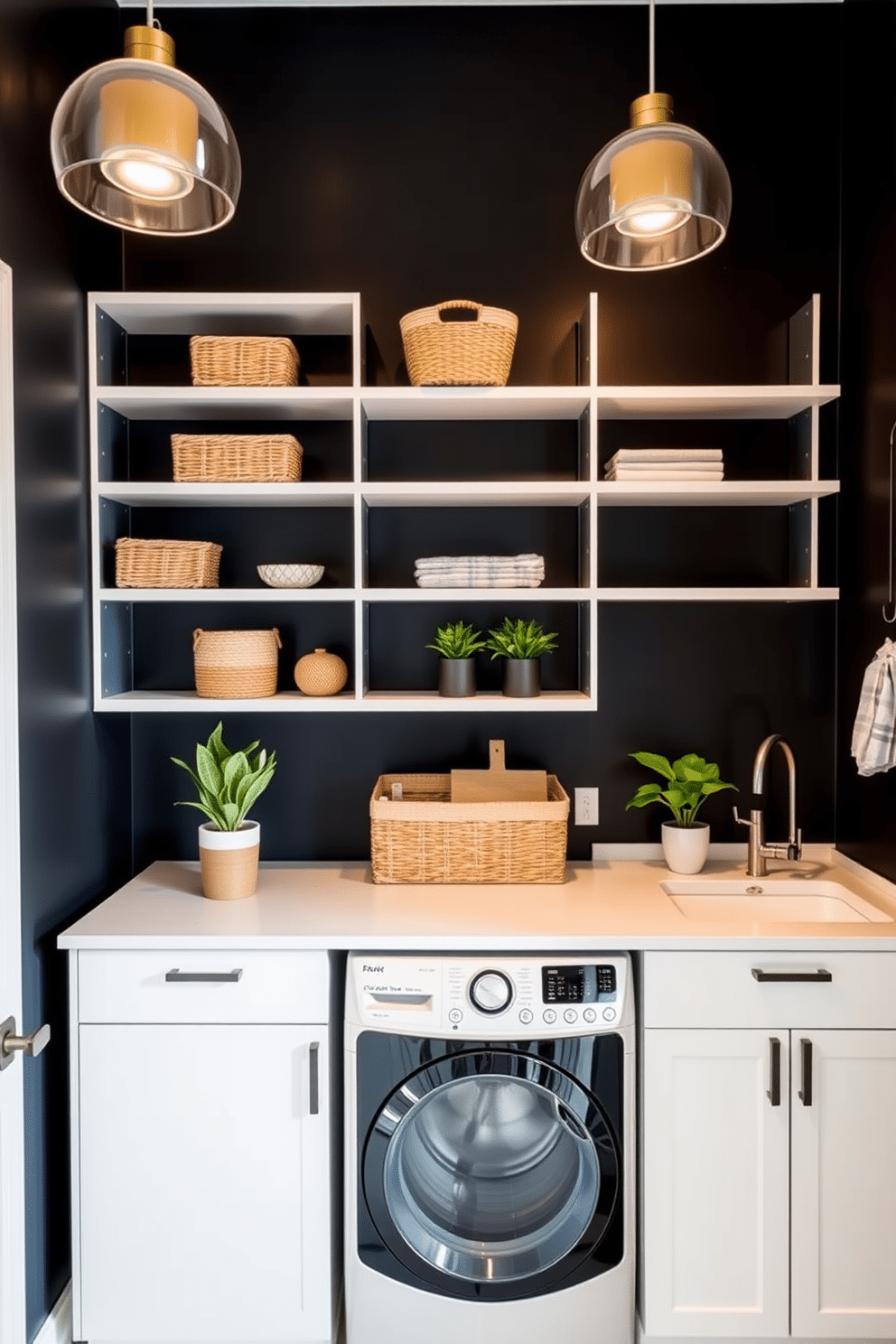 A striking black accent wall serves as the backdrop for a modern laundry room, featuring sleek, open shelves for storage and display. The space is enhanced with stylish baskets and potted plants, creating a functional yet inviting atmosphere. The laundry appliances are seamlessly integrated into cabinetry that complements the bold wall, while a chic countertop provides additional workspace. Soft lighting fixtures illuminate the area, adding warmth and making the space feel more expansive.