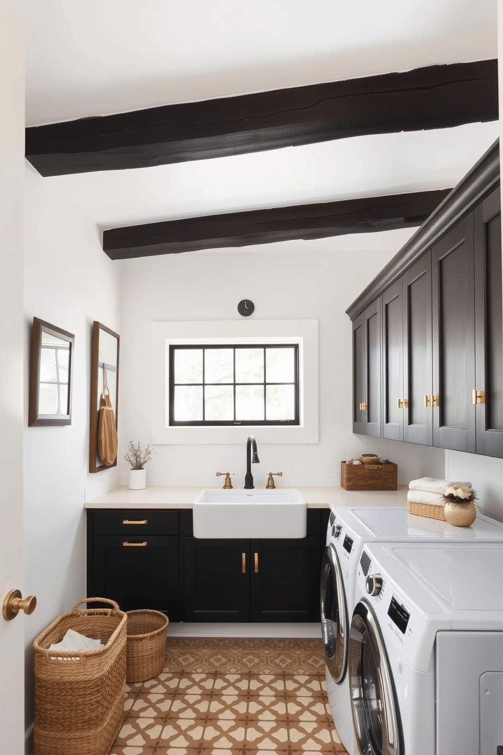 A rustic black beam ceiling adds character and warmth to the laundry room, creating a cozy atmosphere. The walls are painted in a soft white, providing a bright contrast to the dark beams and enhancing the room's spacious feel. Incorporate stylish black cabinetry with gold hardware for a modern touch, while a farmhouse sink adds functionality. A patterned tile floor complements the rustic theme, and decorative baskets provide both storage and aesthetic appeal.