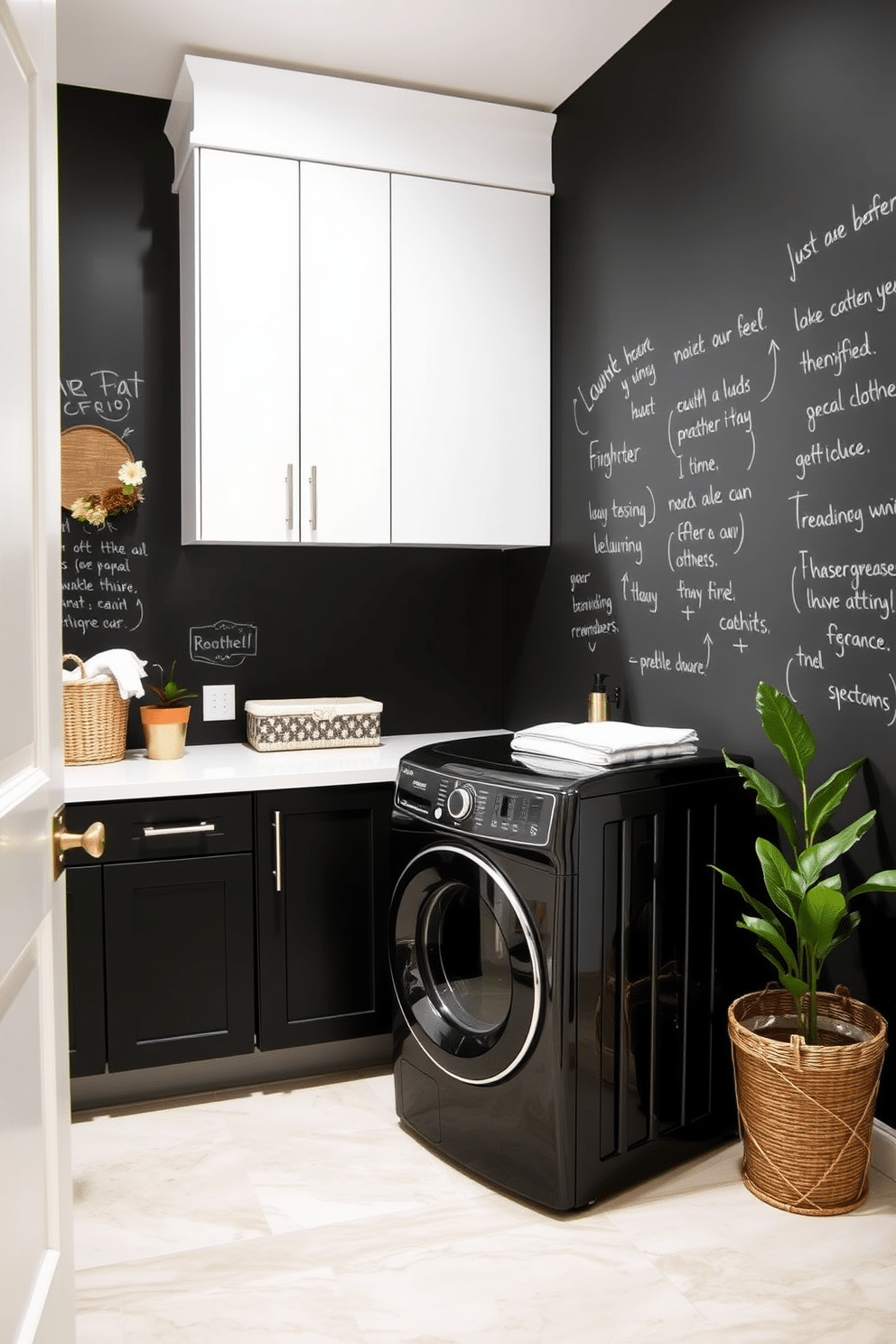 A modern laundry room featuring black chalkboard paint on the walls, creating a unique and functional space for notes and reminders. The room includes sleek black cabinets, a white countertop for folding clothes, and a stylish washing machine and dryer set, all complemented by bright, natural lighting. The floor is adorned with large, light-colored tiles that contrast beautifully with the dark walls. A decorative laundry basket and a potted plant add a touch of warmth and personality to the space, making it both practical and inviting.