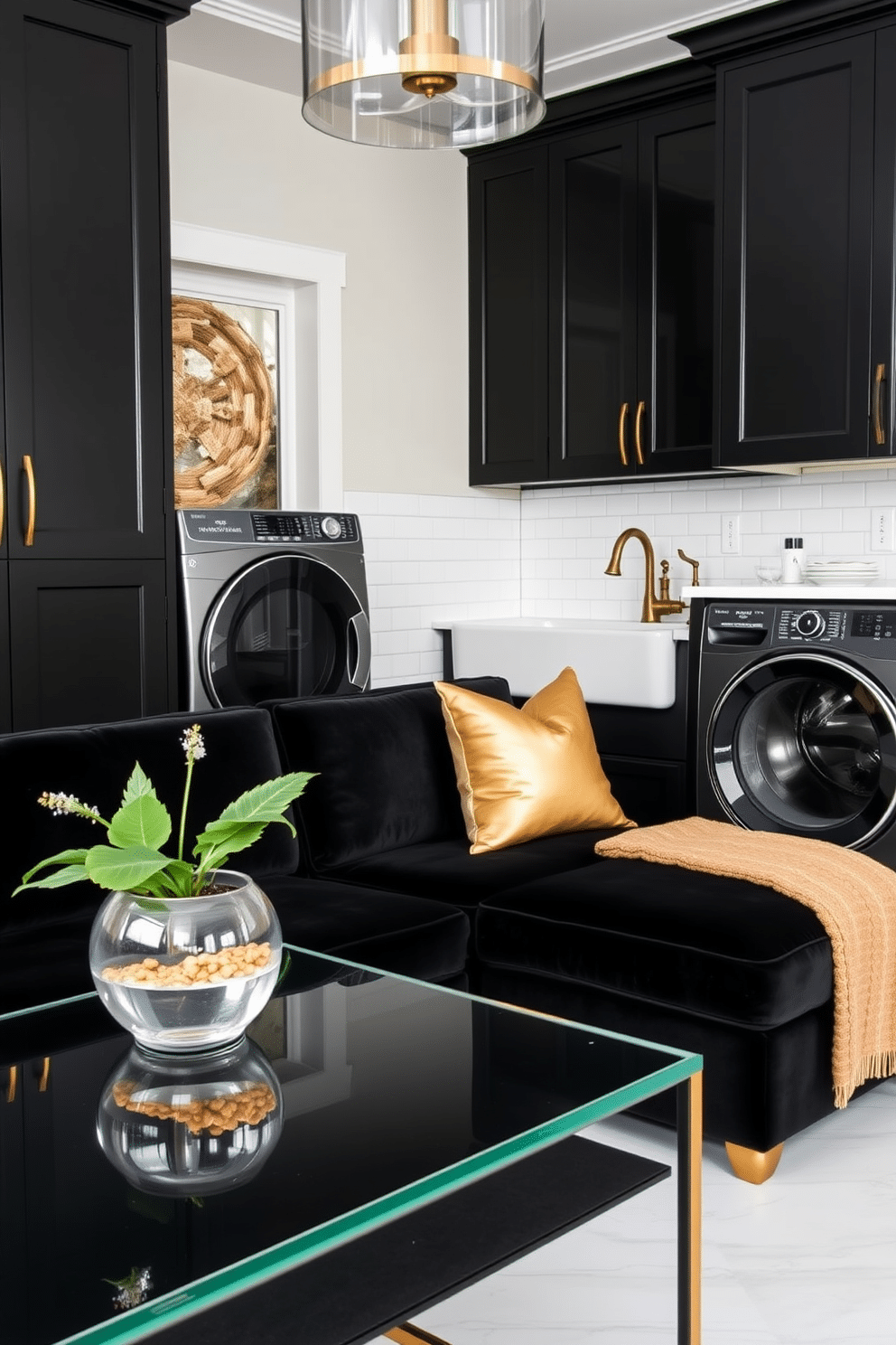 Luxurious black velvet seating area. The space features a plush black velvet sectional sofa adorned with gold accent pillows, paired with a sleek glass coffee table. Black laundry room design ideas. The laundry room showcases matte black cabinetry with brass handles, complemented by a stylish farmhouse sink and white subway tile backsplash.