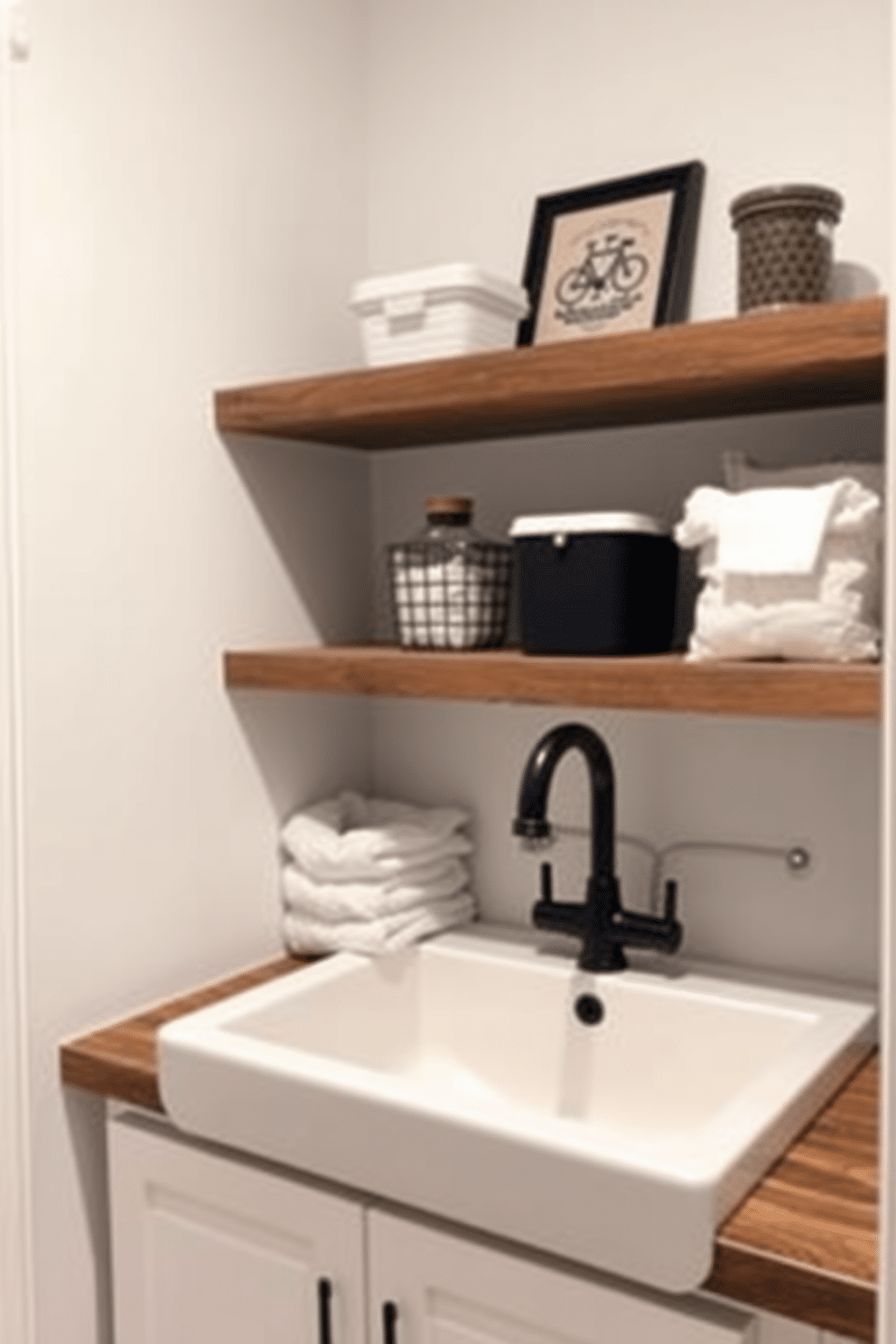 A stylish laundry room featuring a farmhouse sink with a sleek black faucet. The walls are painted in a soft white, complemented by rustic wood shelving that holds neatly arranged laundry essentials.