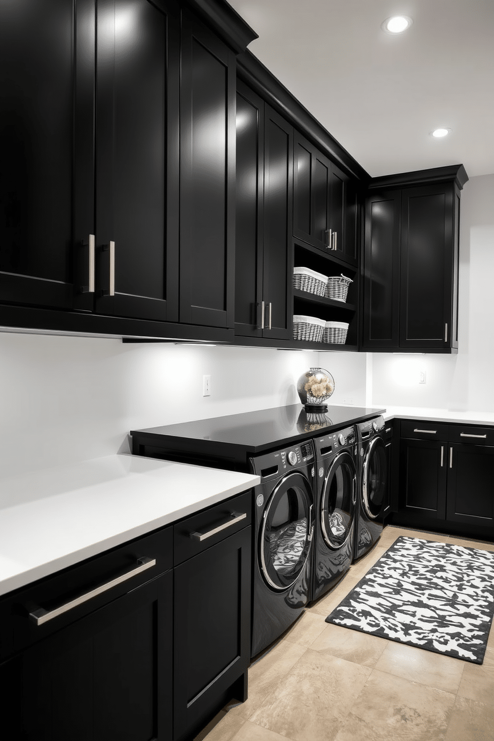 A sleek black laundry room features minimalist cabinetry with clean lines and matte black finishes. The space is illuminated by recessed lighting, highlighting the contrasting white walls and a stylish black countertop. Incorporating open shelving, the room showcases neatly arranged laundry essentials in decorative baskets. A modern black and white patterned rug adds a touch of elegance to the polished concrete floor.