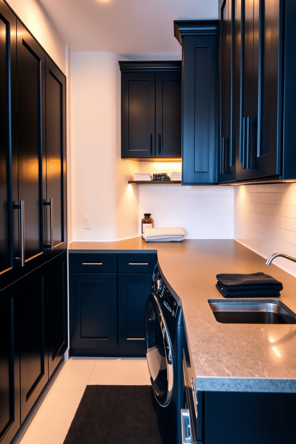 A striking laundry room featuring contrasting white walls and sleek black cabinets. The cabinets are equipped with modern hardware, providing ample storage for laundry essentials and creating a bold visual statement. The space is illuminated by warm, ambient lighting that highlights the clean lines of the cabinetry. A stylish countertop in a complementary material offers a practical area for folding clothes and organizing supplies.