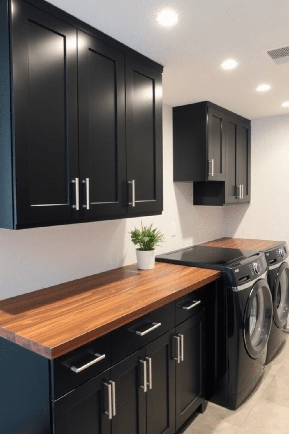 A modern laundry room featuring dark wood countertops that contrast beautifully with sleek black cabinets. The space is illuminated by recessed lighting, highlighting the stylish design and providing a functional workspace.