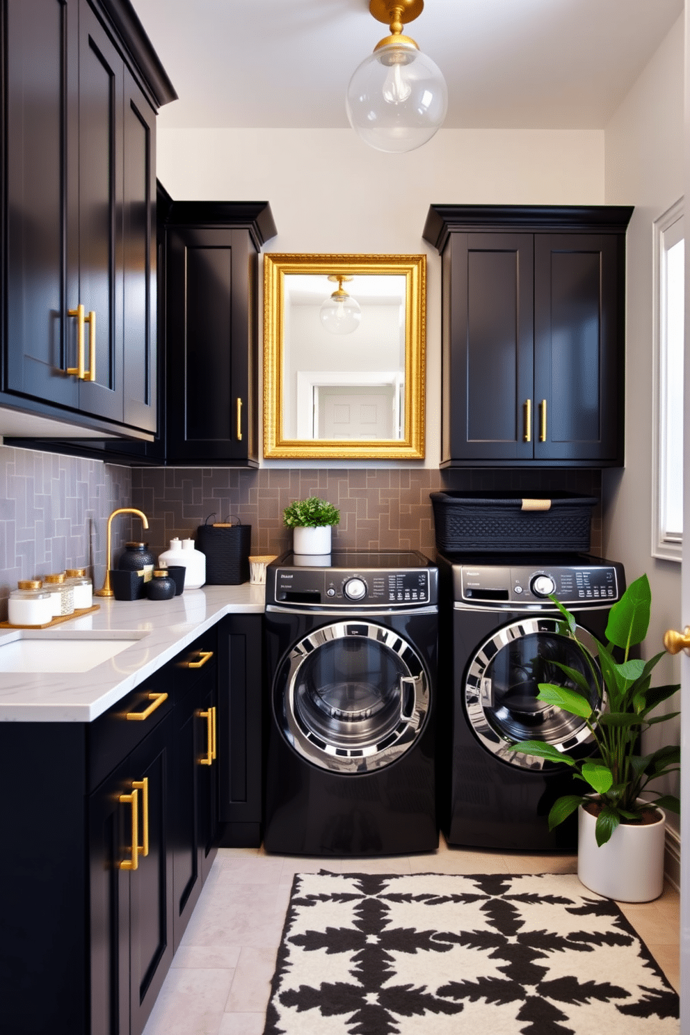 A stylish laundry room featuring black and gold accessories. The cabinetry is sleek black with gold hardware, complemented by a gold-framed mirror above the countertop. The washer and dryer are stacked in a corner, surrounded by decorative black baskets and gold accents. A black and white patterned rug adds a modern touch to the space, while potted plants bring a hint of greenery.