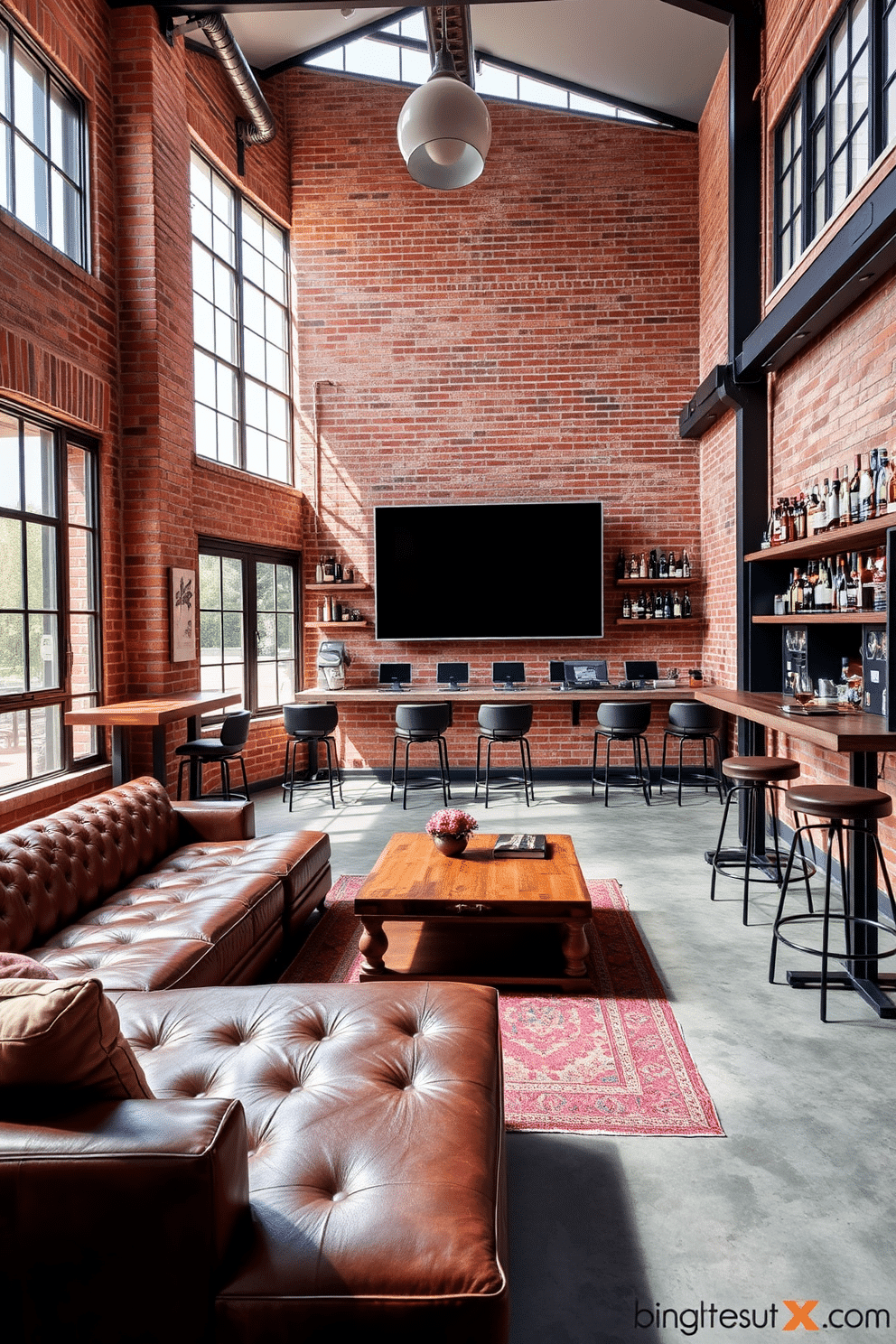 A modern industrial man cave featuring exposed brick walls and large steel windows that allow natural light to flood the space. The room is furnished with a plush leather sectional sofa, a reclaimed wood coffee table, and vintage metal accents throughout. In one corner, a sleek bar area is set up with high stools, a dark wood bar, and an array of top-shelf spirits displayed on open shelves. A large flat-screen TV is mounted on the wall opposite the seating area, surrounded by soundproofing panels for an immersive viewing experience.