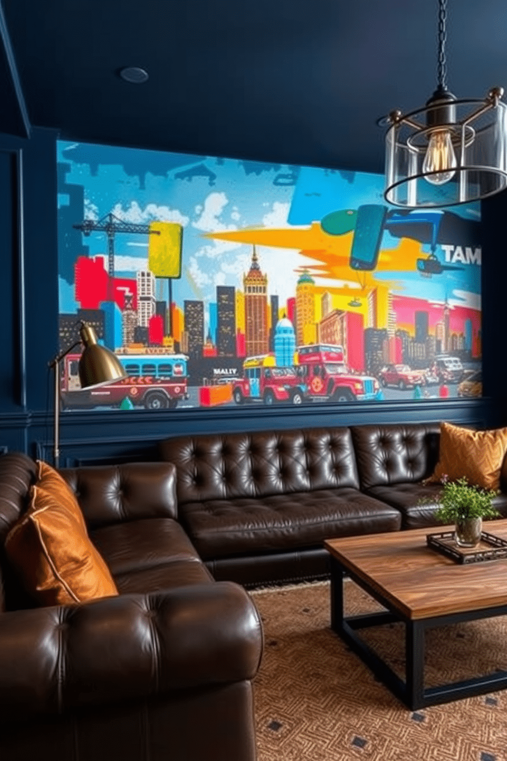 A personalized wall mural features a vibrant cityscape, blending abstract elements with bold colors that reflect the owner's personality. The mural serves as a stunning backdrop for the space, enhancing the overall ambiance of the man cave. Incorporating deep navy walls and plush leather seating creates a cozy yet sophisticated atmosphere. Accent pieces like industrial-style lighting and a reclaimed wood coffee table add character and warmth to the design.