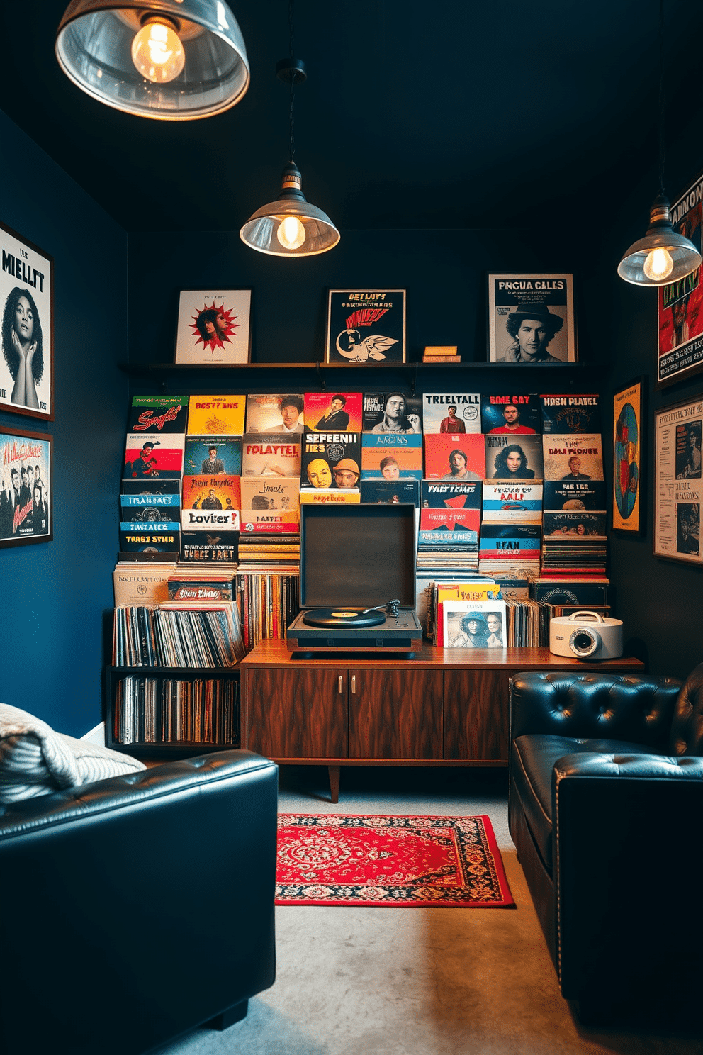 A stylish man cave featuring a classic record player prominently displayed on a sleek wooden console. Surrounding the player, an extensive vinyl collection is organized on custom shelving, showcasing vibrant album covers against a backdrop of deep navy walls. The space is accented with plush leather seating and industrial-style lighting fixtures that create a warm, inviting atmosphere. A vintage rug adds texture to the polished concrete floor, while framed music posters adorn the walls, celebrating iconic artists and albums.