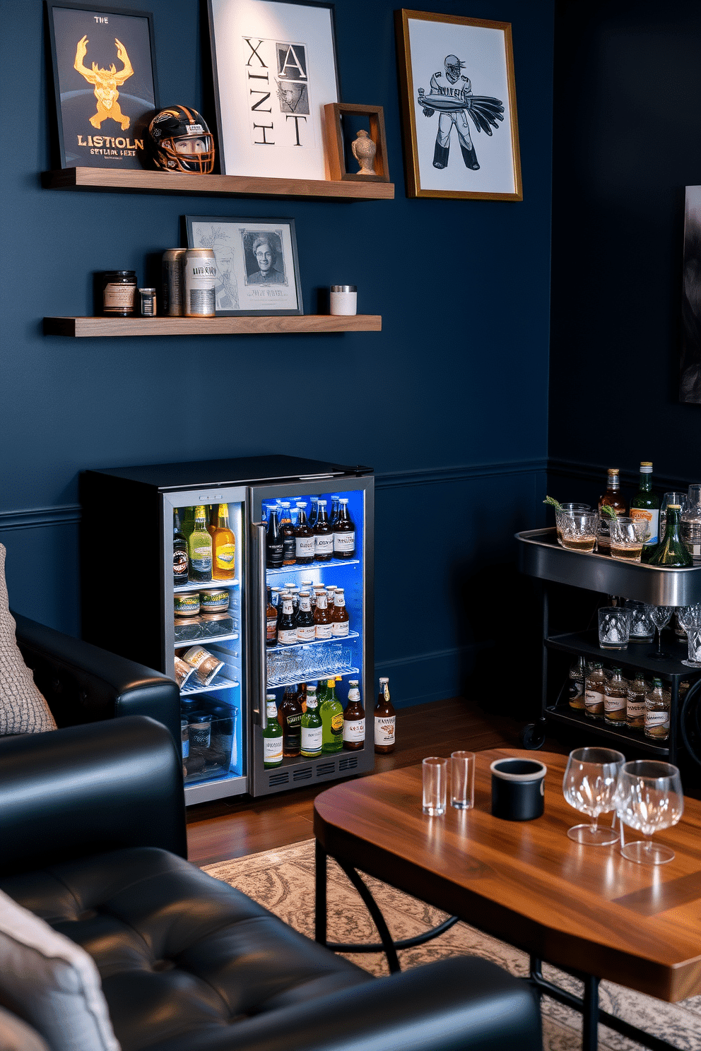 A stylish mini fridge stands in the corner of a cozy man cave, stocked with an assortment of favorite drinks, including craft beers and artisanal sodas. The fridge is complemented by a sleek bar cart nearby, showcasing whiskey bottles and glassware, creating an inviting atmosphere for entertaining friends. The man cave features deep, rich colors like navy blue and charcoal gray, with plush leather seating arranged around a modern coffee table. Wall-mounted shelves display sports memorabilia and art pieces, while ambient lighting enhances the relaxed vibe of the space.