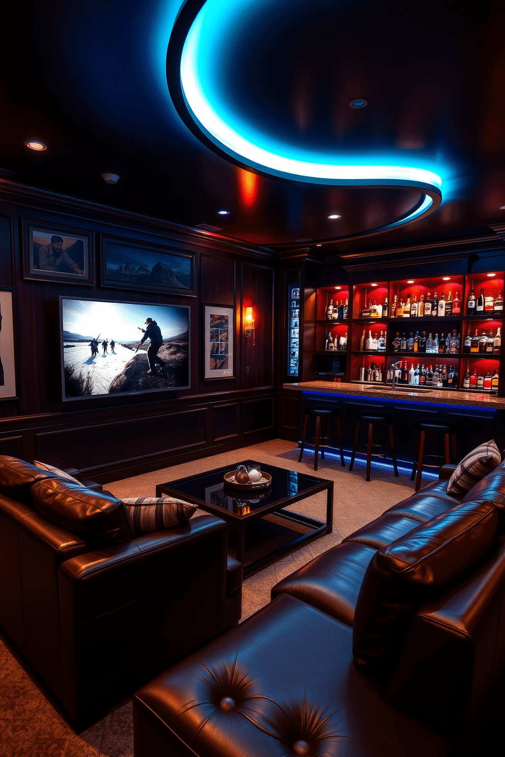 A cozy man cave featuring mood lighting with adjustable color options that creates an inviting atmosphere. The space is furnished with a plush leather sectional sofa and a sleek coffee table, complemented by a large flat-screen TV mounted on the wall. The walls are adorned with dark wood paneling, enhancing the masculine aesthetic, while a custom bar area showcases an array of spirits and barware. Accent lighting highlights the artwork and shelves, adding depth and character to the room.