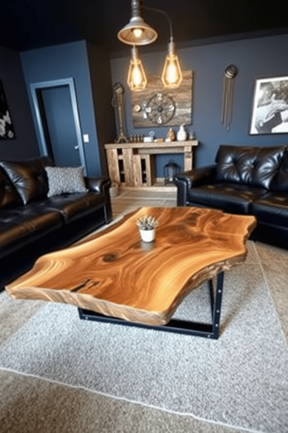 A unique coffee table made from reclaimed materials, featuring a rustic design with a mix of wood and metal elements. The table is adorned with a live edge finish, showcasing the natural beauty of the wood grain. The man cave is designed with a dark color palette, incorporating deep blues and grays to create a cozy atmosphere. Plush leather seating surrounds the coffee table, complemented by industrial-style lighting fixtures hanging from the ceiling.