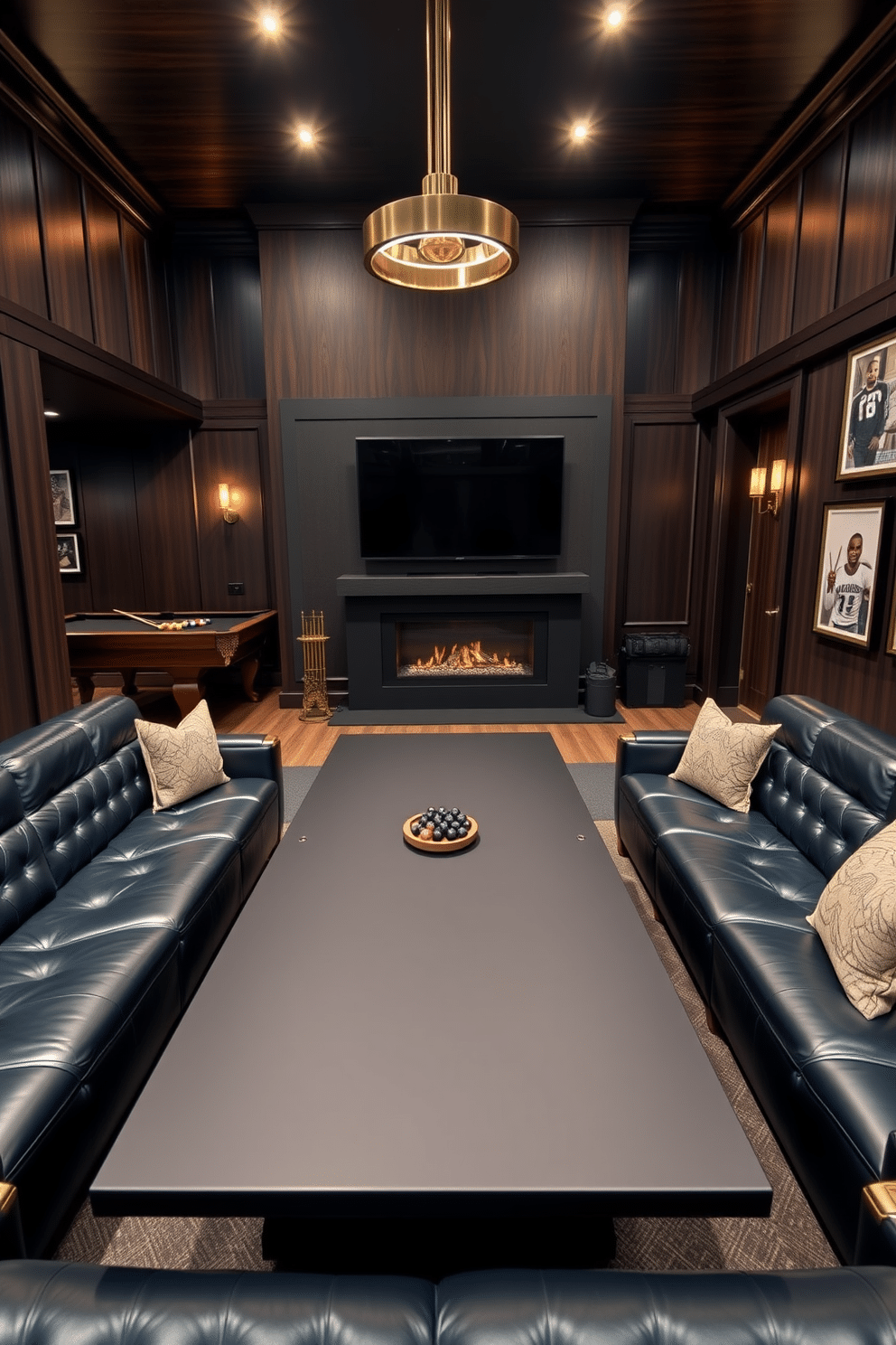 A stylish man cave featuring a sleek game table at the center, surrounded by plush leather seating in deep shades of navy and charcoal. The walls are adorned with dark wood paneling, and a large flat-screen TV is mounted above a modern fireplace, creating a cozy yet sophisticated atmosphere. In one corner, a classic pool table with a rich mahogany finish invites friendly competition, while ambient lighting fixtures cast a warm glow over the space. Accents of gold and silver in the decor add a touch of luxury, complemented by framed sports memorabilia and artwork that reflects personal interests.