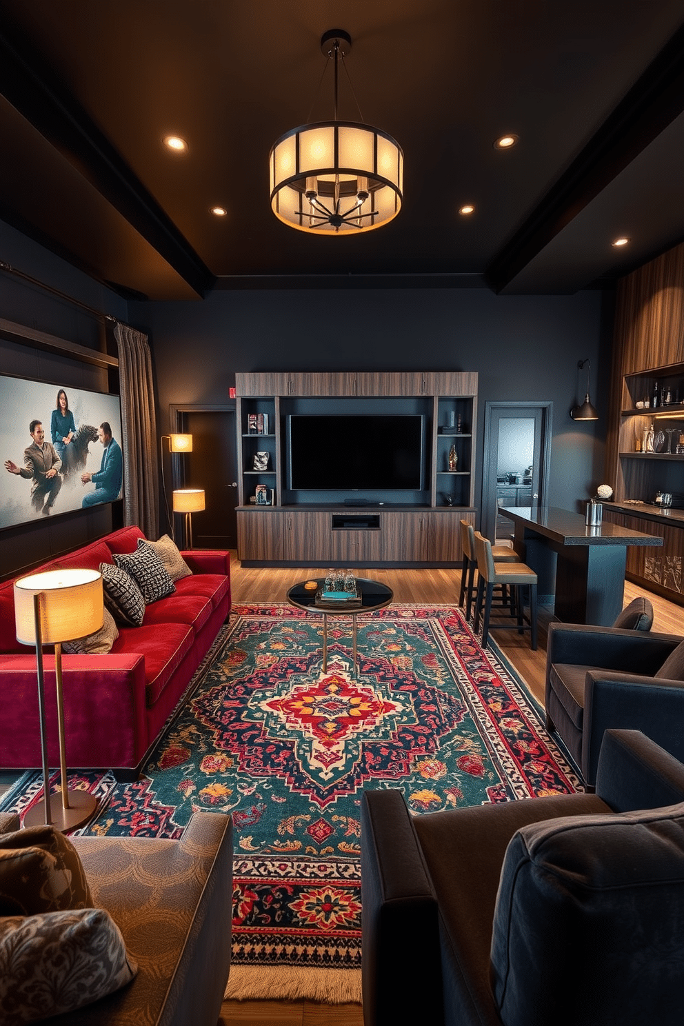 A statement rug with cultural significance is the centerpiece of the room, showcasing intricate patterns and vibrant colors that tell a story. Surrounding the rug, plush seating in deep hues creates a cozy atmosphere, complemented by warm ambient lighting from stylish floor lamps. The Black Man Cave design features a bold color palette of dark grays and blacks, with accents of rich wood and metallic elements. A large entertainment center dominates one wall, equipped with state-of-the-art technology, while a bar area with high stools invites relaxation and socializing.