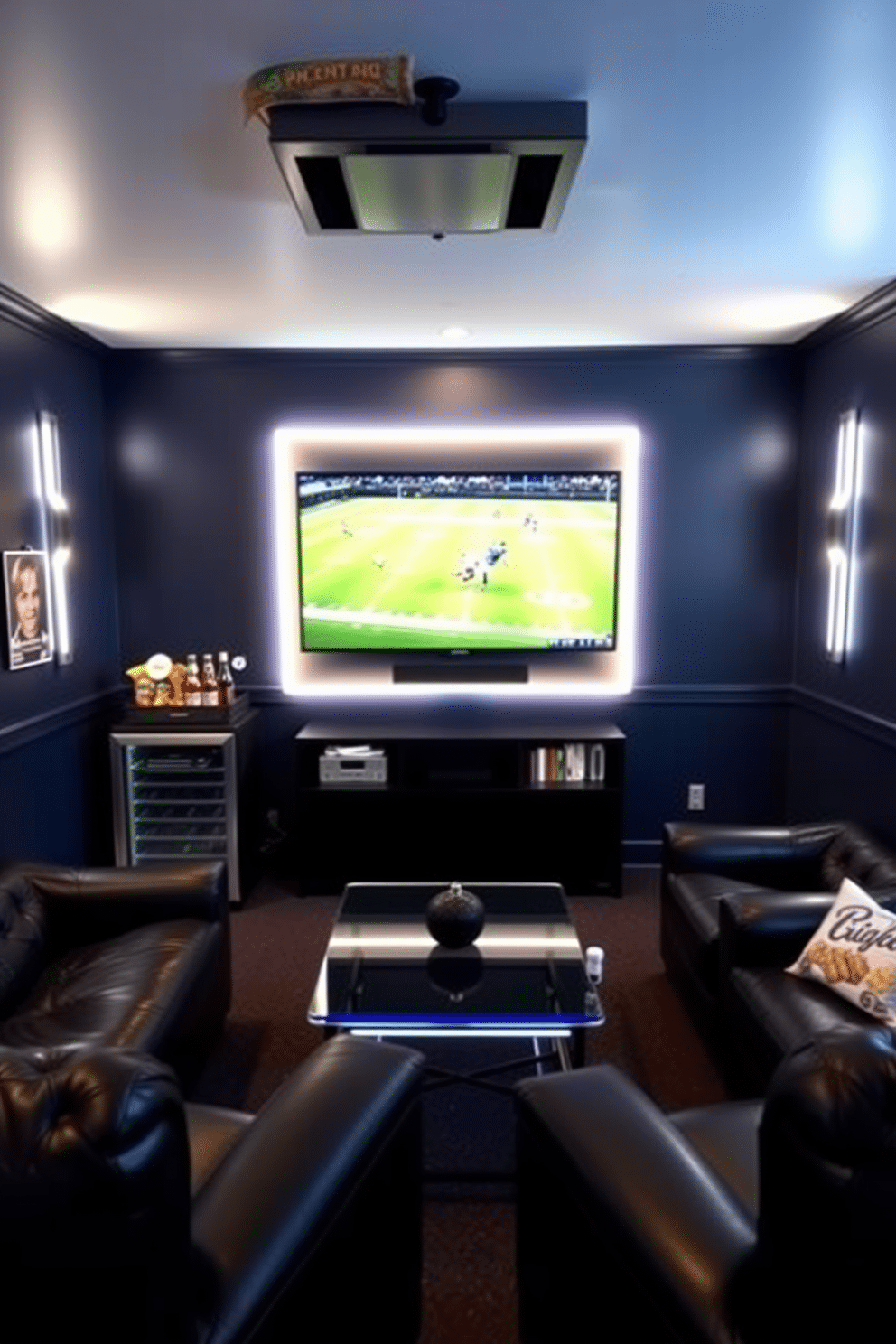 A stylish man cave featuring a wall-mounted TV, perfect for enjoying sports and movies. The room is designed with deep navy walls, complemented by plush black leather seating and a sleek glass coffee table. Incorporate a mini-fridge stocked with beverages and a dedicated snack station for convenience. Ambient lighting enhances the atmosphere, with strategically placed LED strips highlighting the entertainment area.